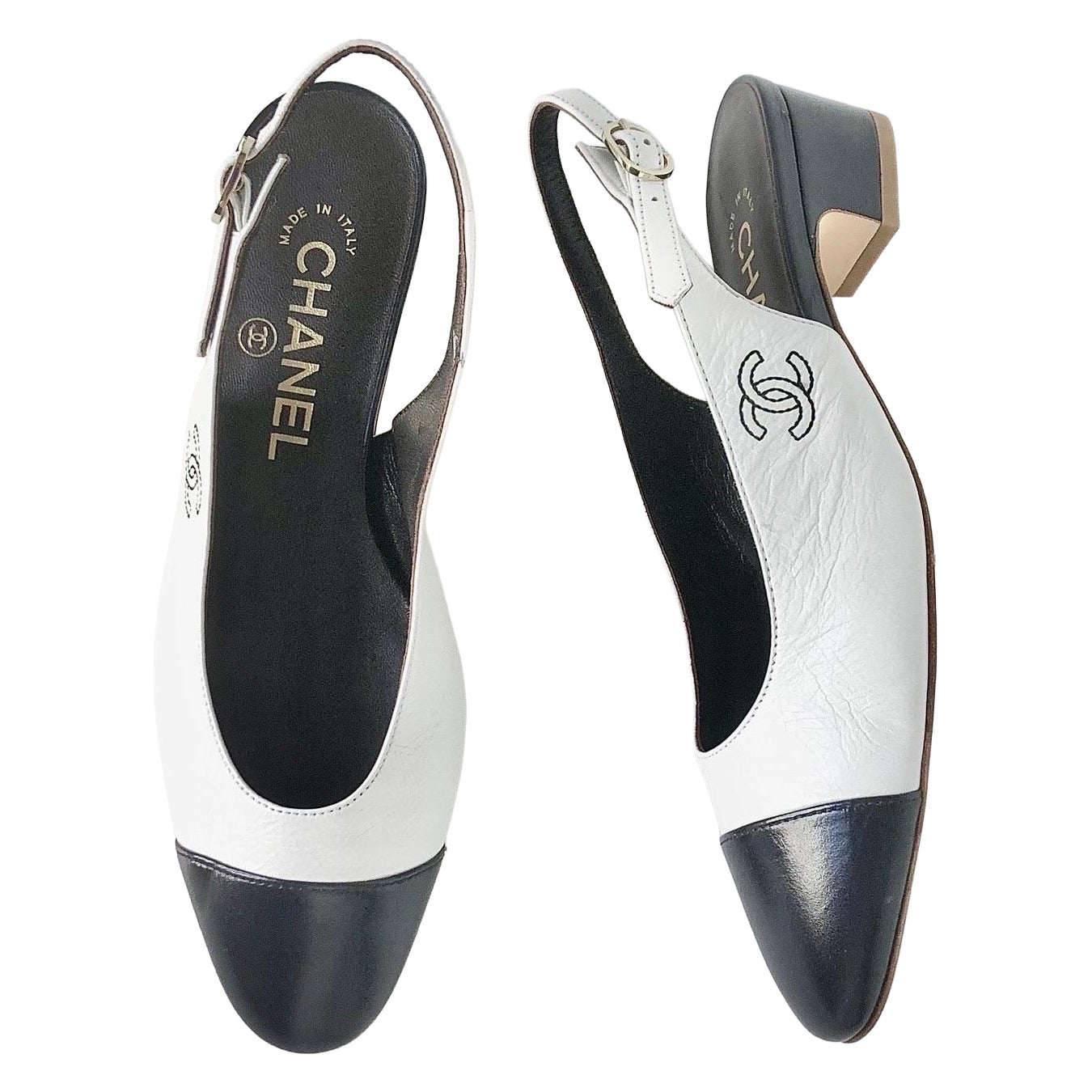 NEW Chanel Calfskin CC Logo Cap Toe White Dark Navy Slingback Low Heel Pumps 36