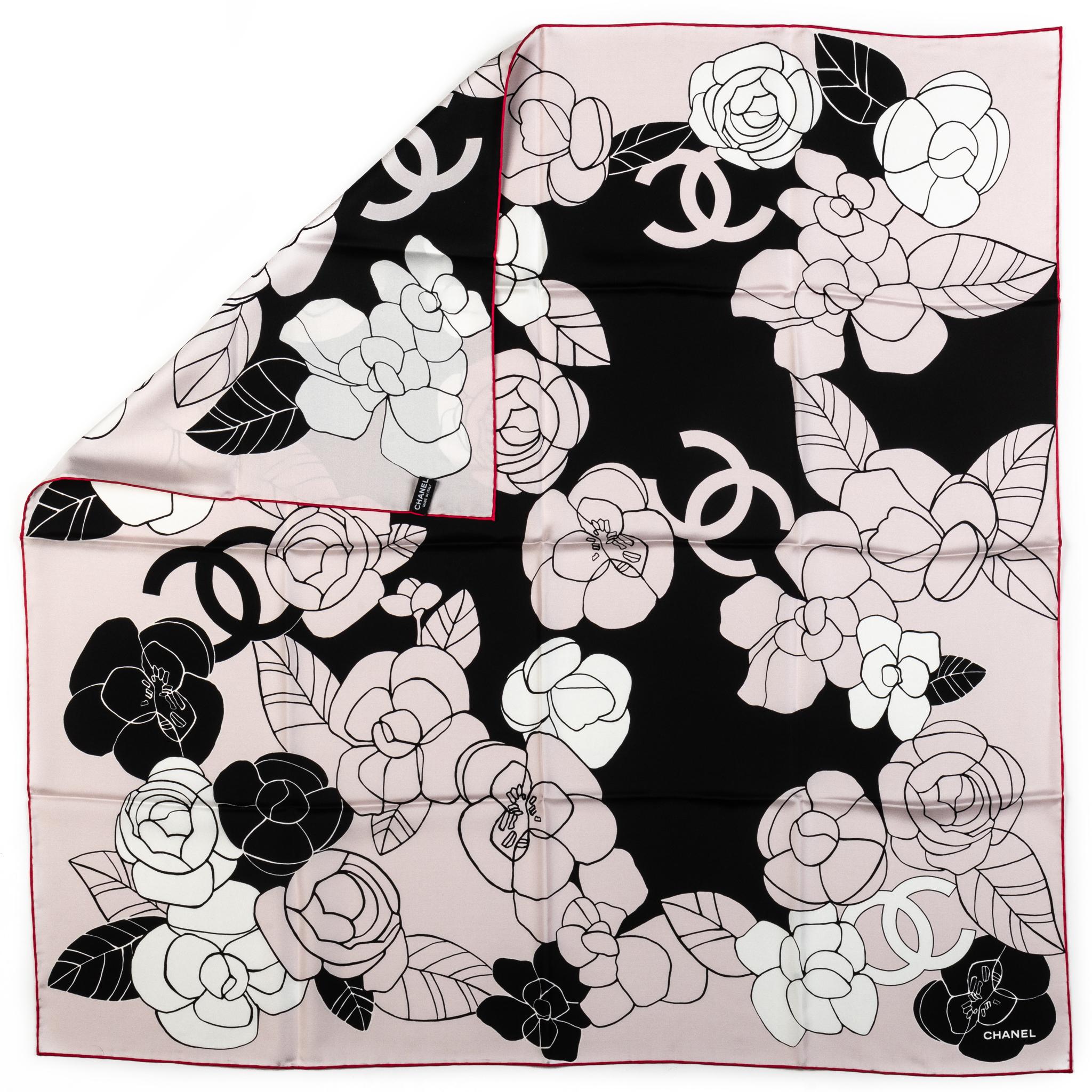 Chanel brand new camellias design 100% silk scarf in cream and black combination . Hand rolled edges. Care tag.