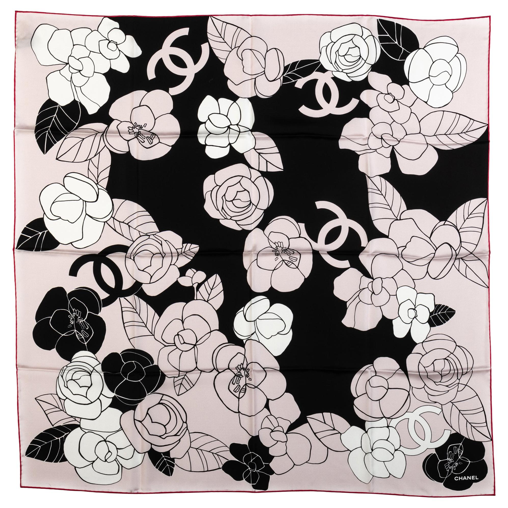 New Chanel Camellia Logo Silk Scarf
