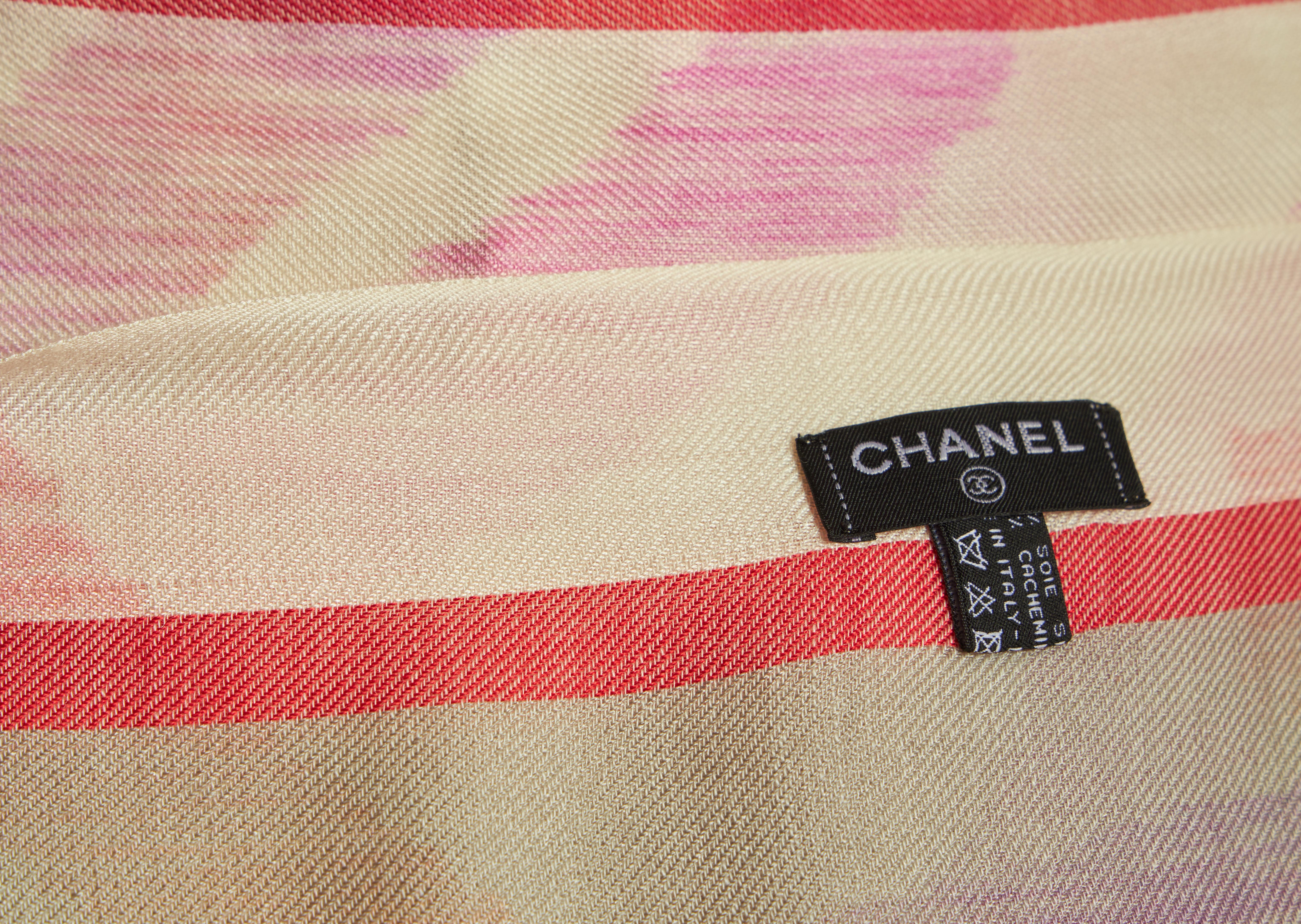 Beige New Chanel Cashmere Cream Logo Shawl For Sale