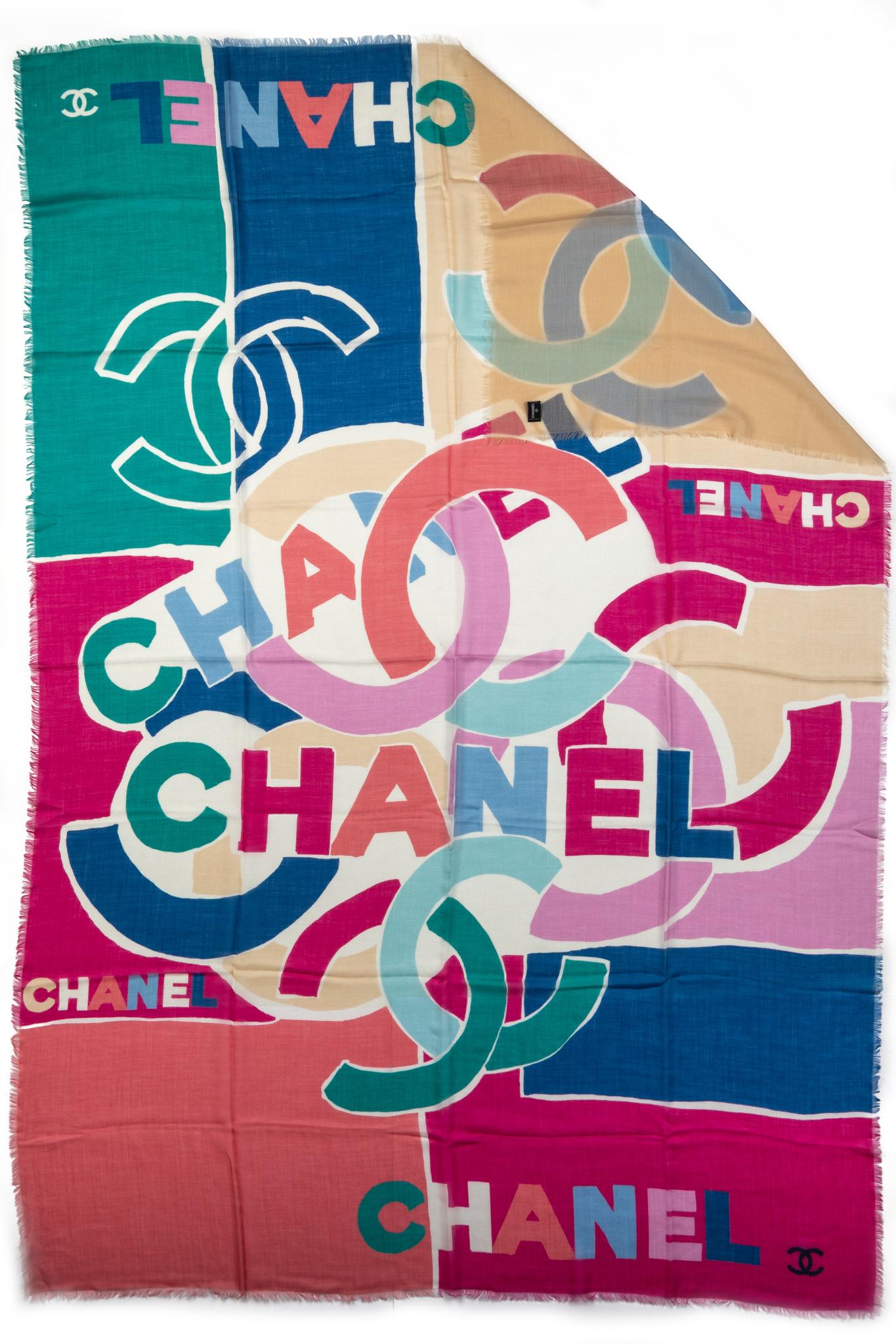 Chanel brand new cashmere and silk multicolor logo design shawl. Care tag.