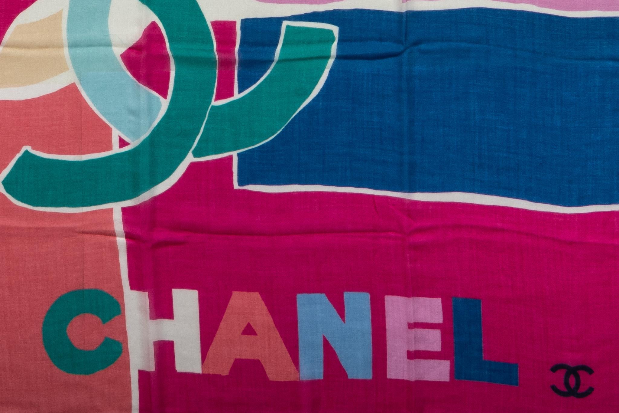 Beige New Chanel Cashmere Multicolor Logo Shawl