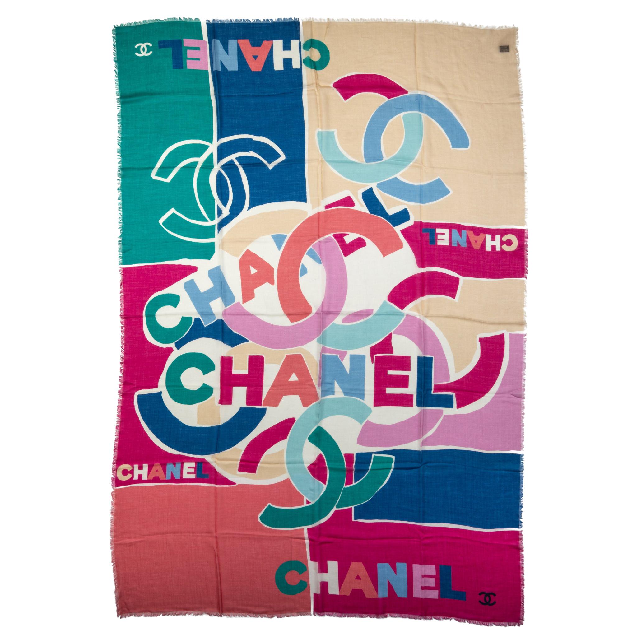 New Chanel Cashmere Multicolor Logo Shawl