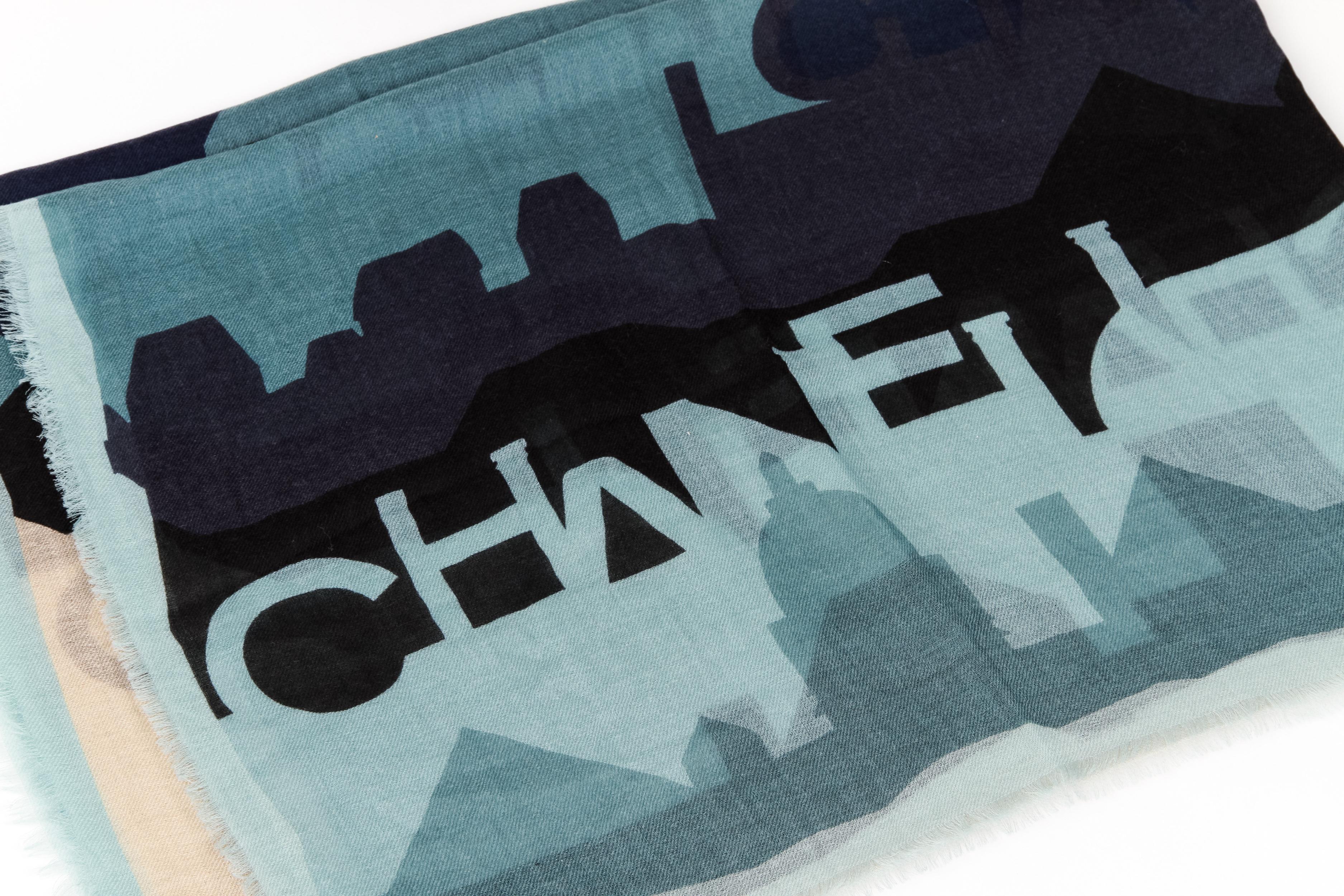 Beige New Chanel Cashmere Paris Skyline Scarf Shawl 