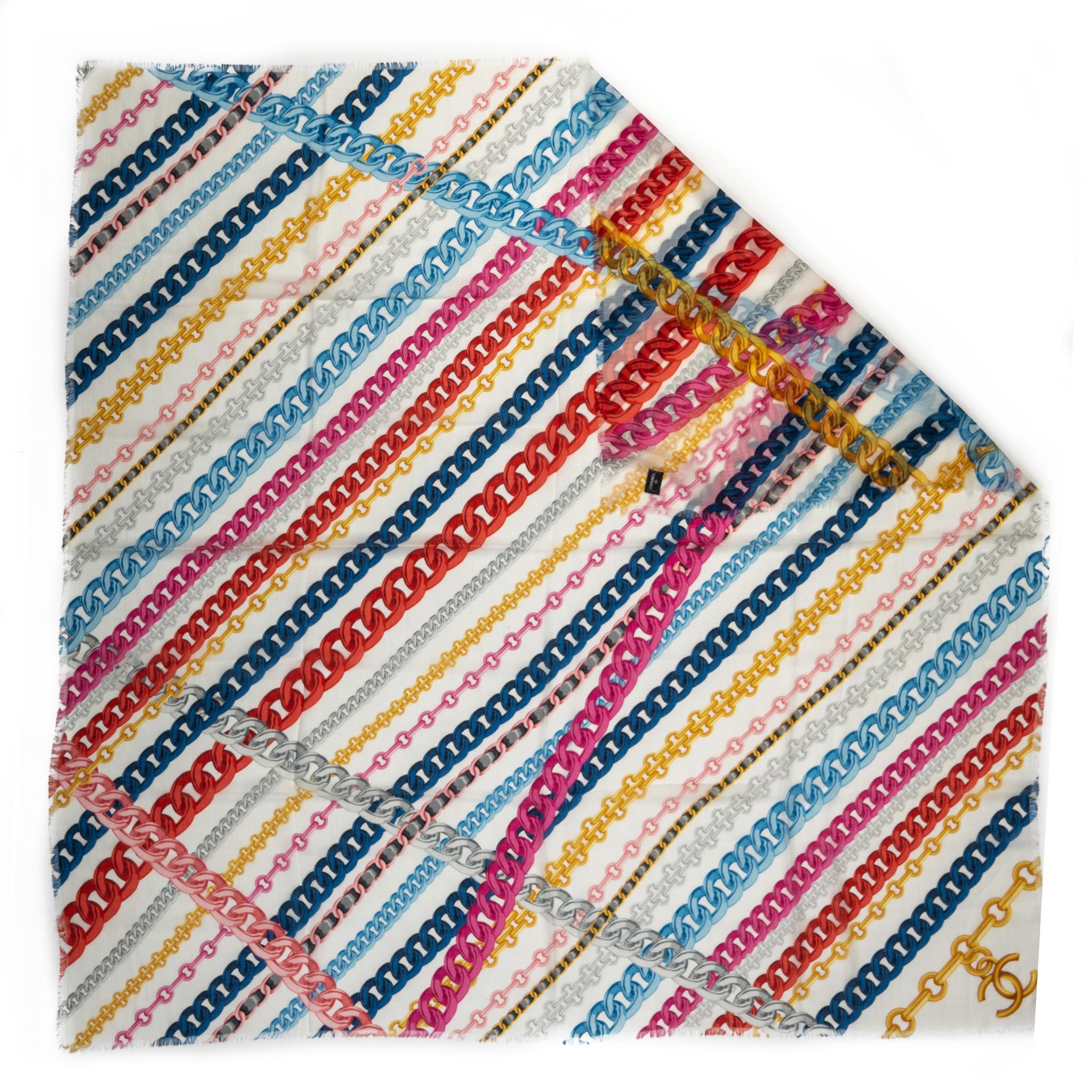 Chanel brand new cashmere and silk multicolor chains design shawl. Care tag.