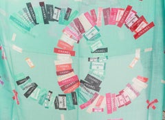 New Chanel Cashmere Silk Teal CC Logo Shawl Scarf 74"