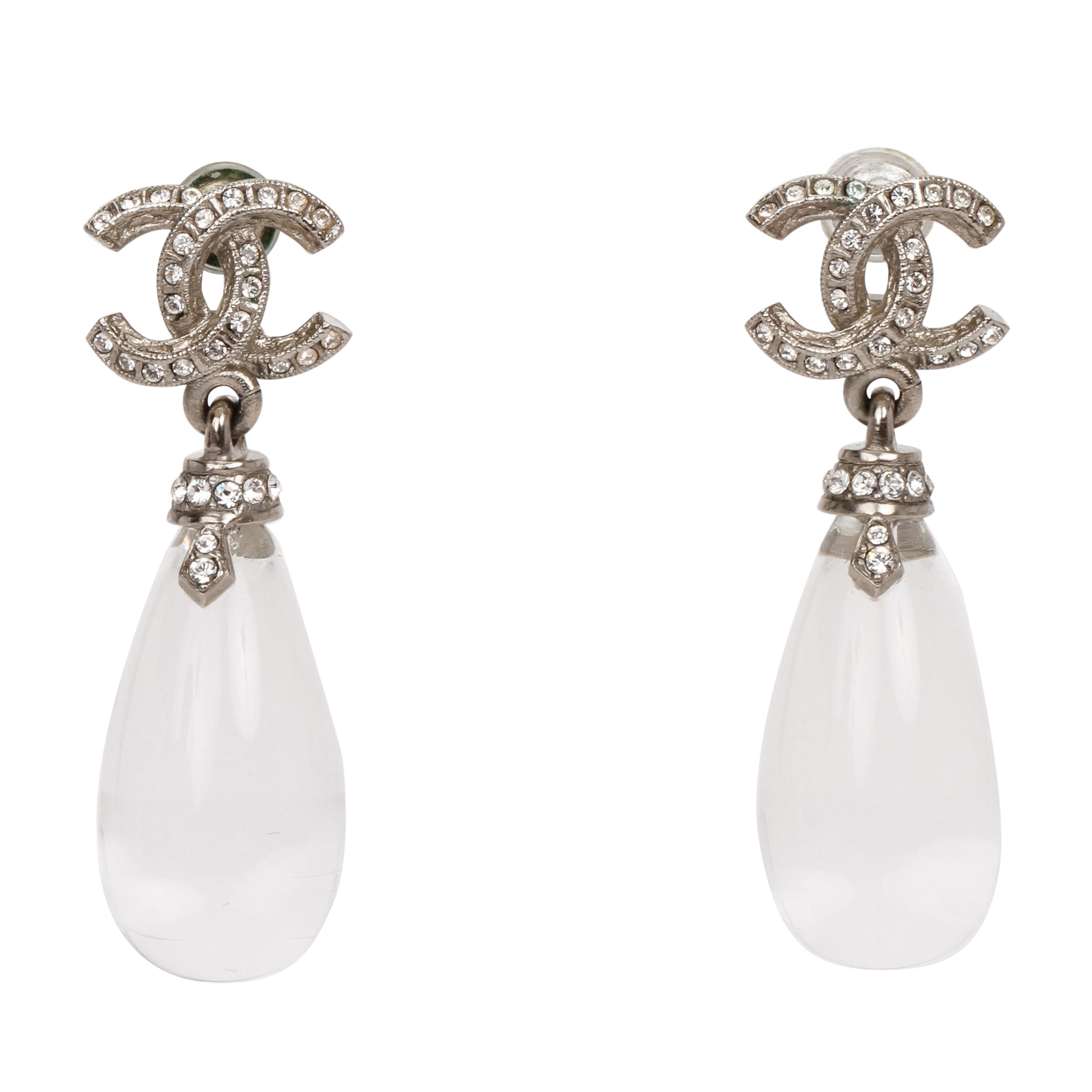 New Chanel CC Logo Rhinestone Lucite Drop Pierced Earrings