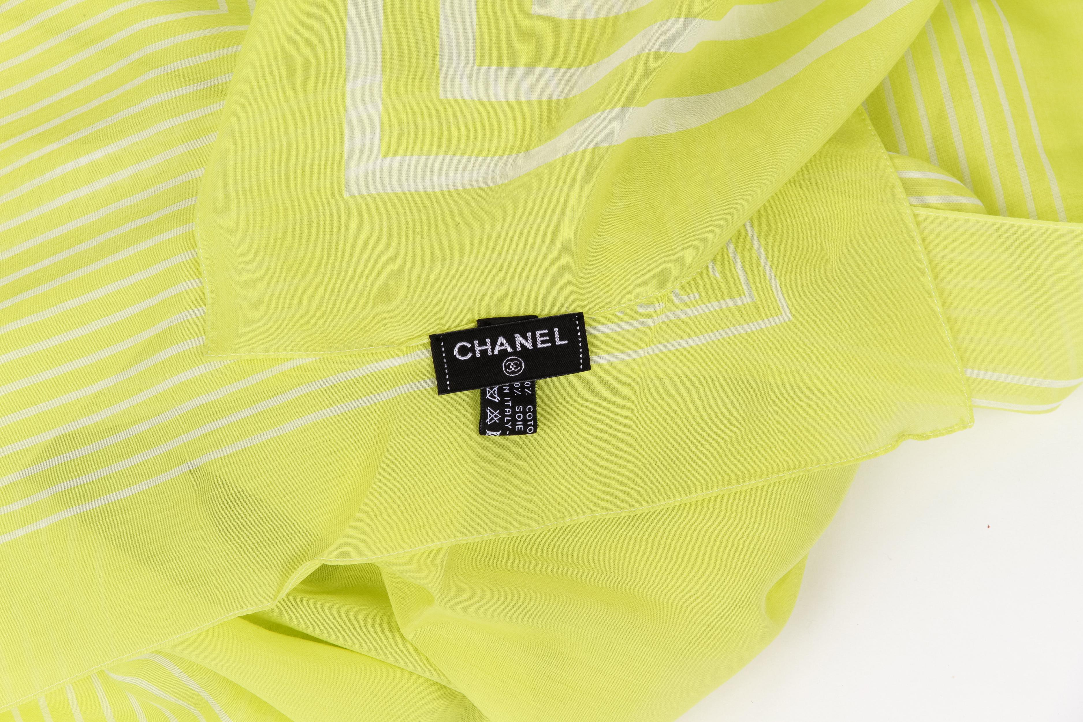 New Chanel  Chartreuse White Stripe Shawl Scarf In New Condition For Sale In West Hollywood, CA
