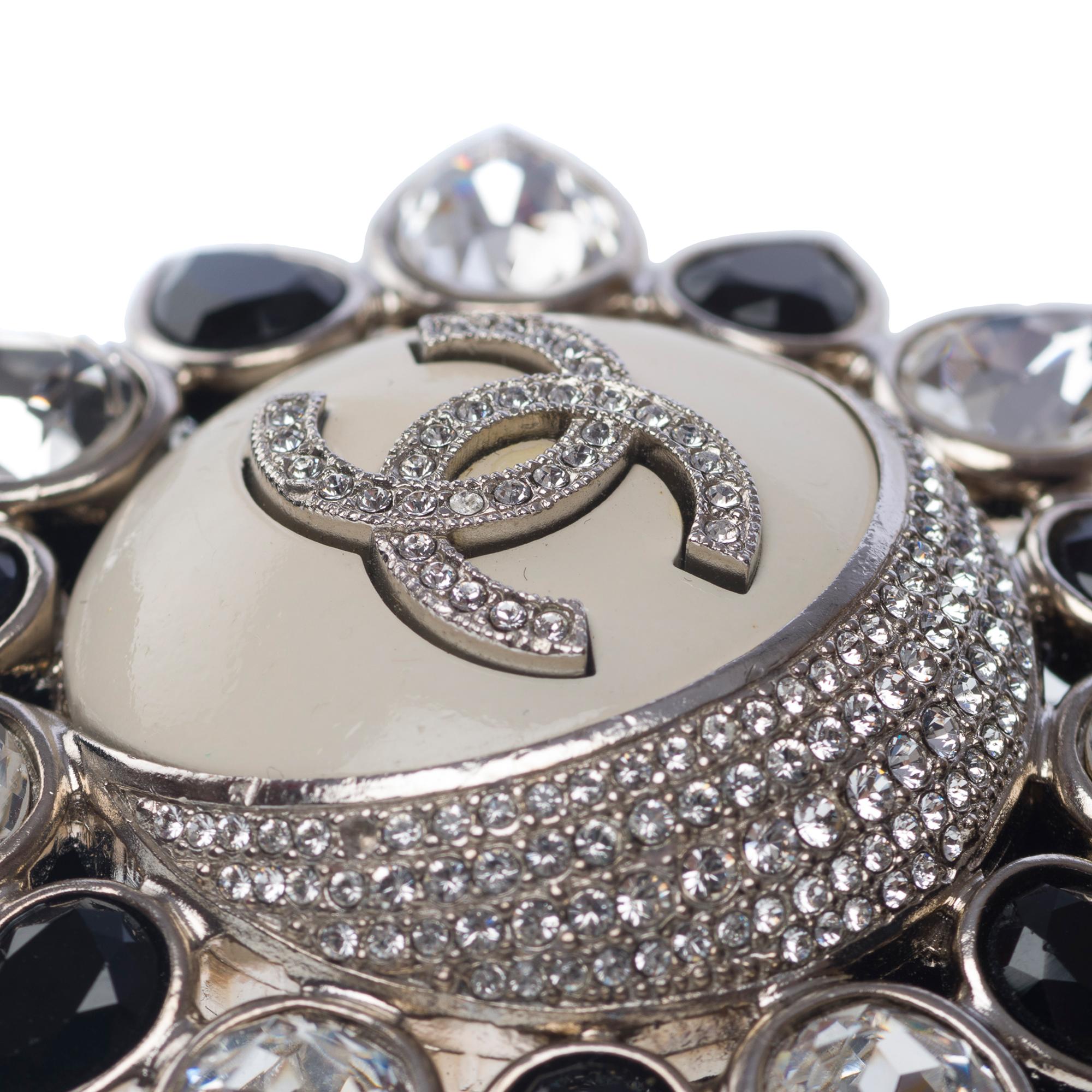 Women's New Chanel Choker in metal velvet strass&glass pearls silver black white&crystal For Sale