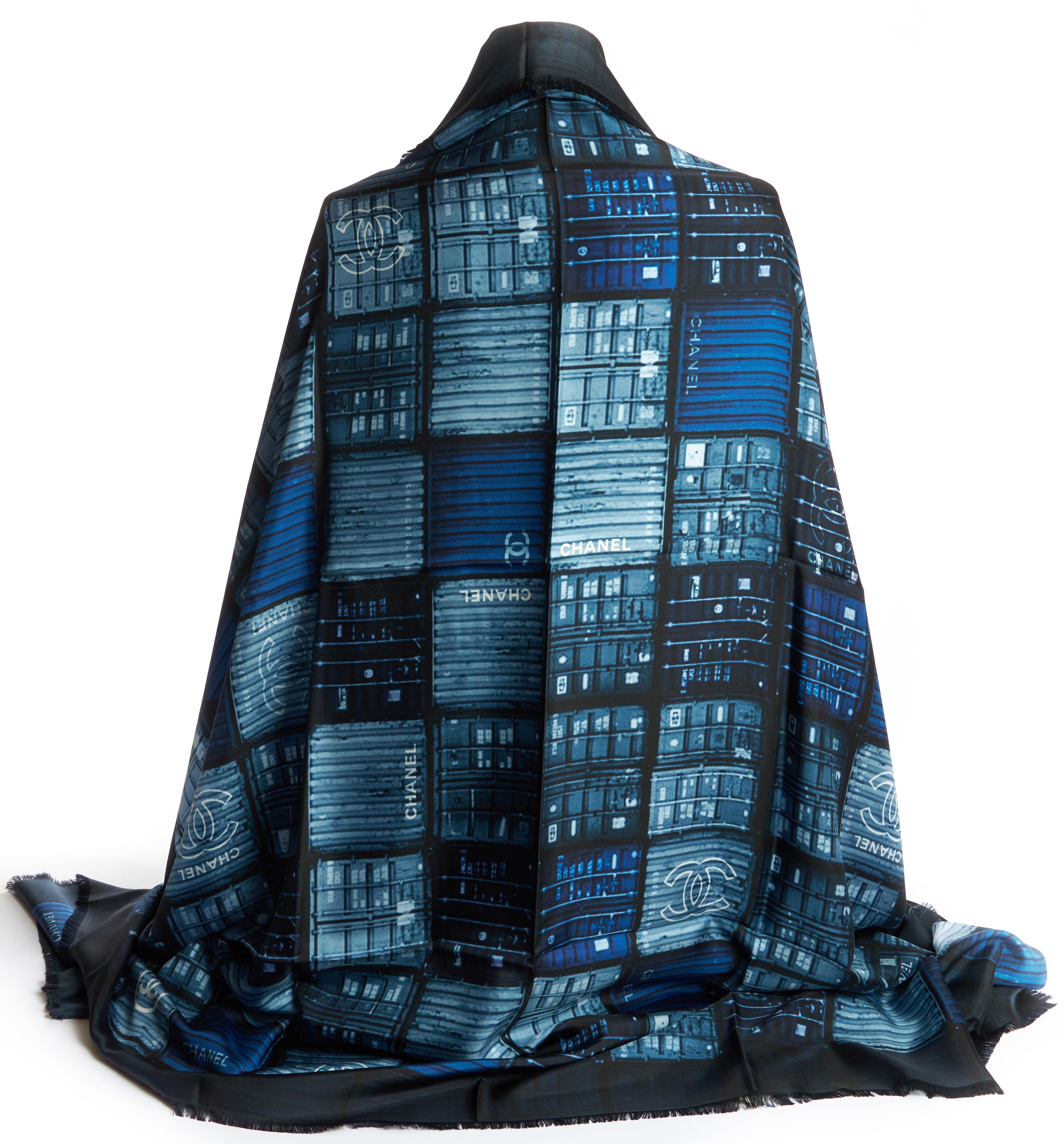 Women's New Chanel Containers Blue Silk Shawl