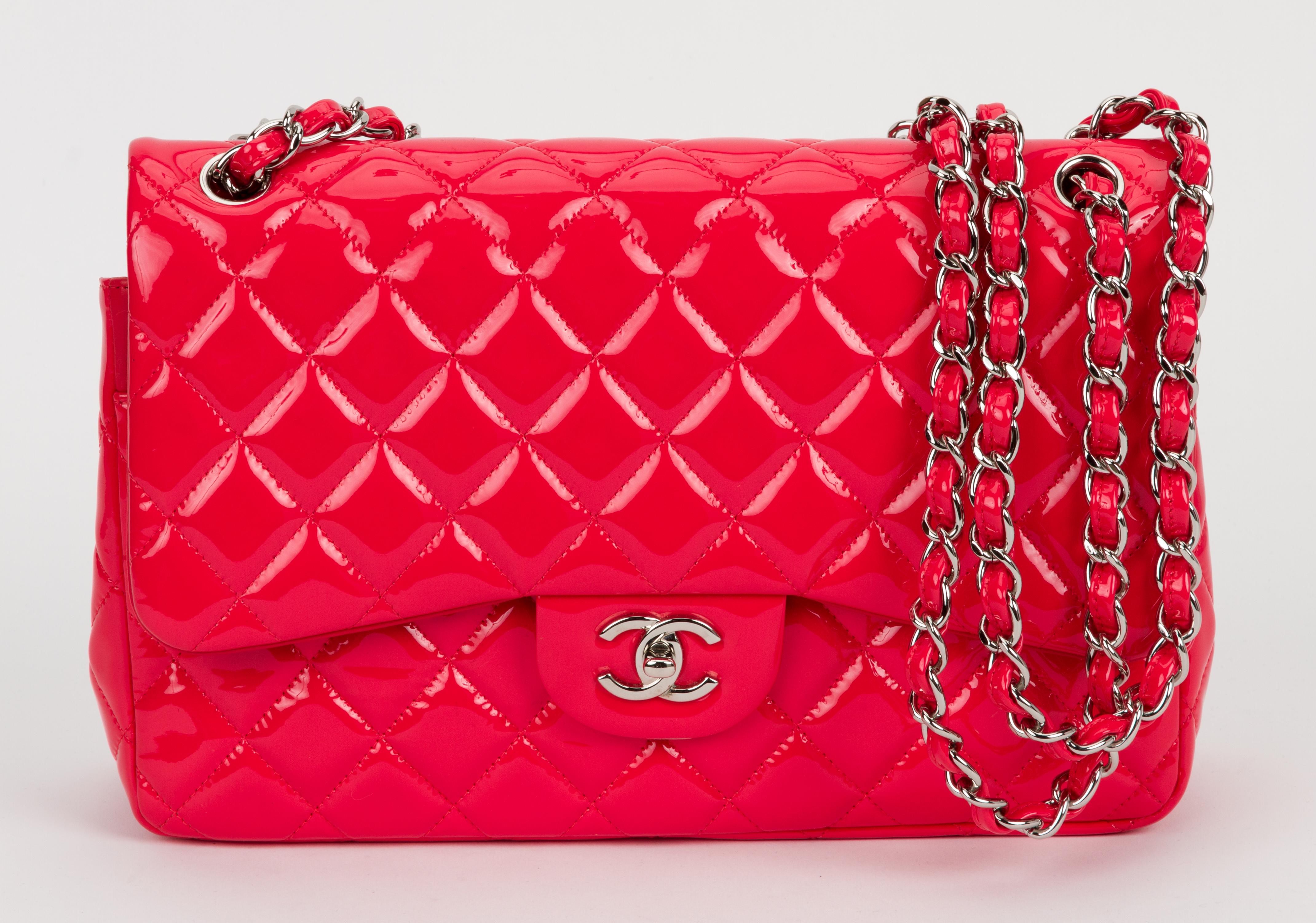 Red New Chanel Coral Patent Jumbo Double Flap Bag