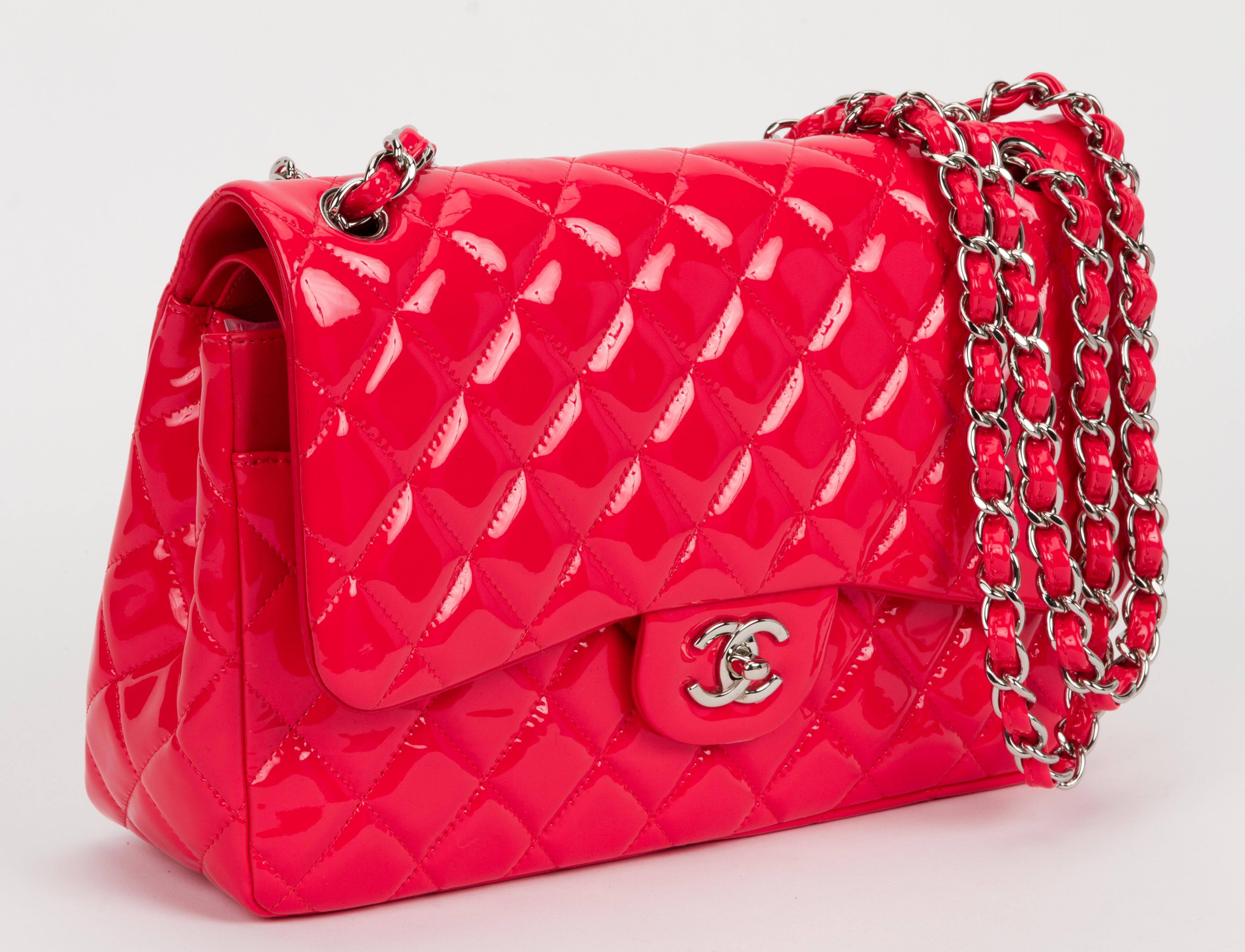 New Chanel Coral Patent Jumbo Double Flap Bag In New Condition In West Hollywood, CA