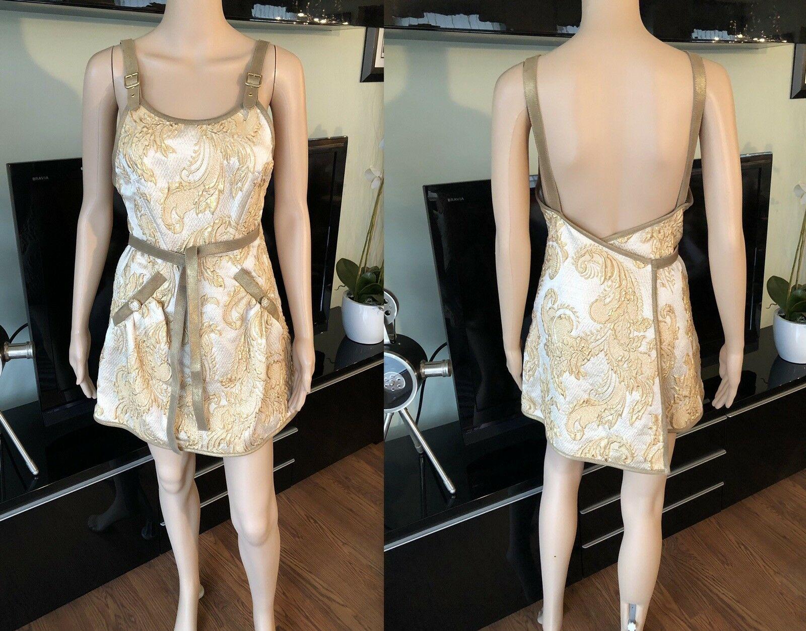 Women's New Chanel Cruise 2013 Runway Gold Brocade Leather Trimmed Open Back Dress