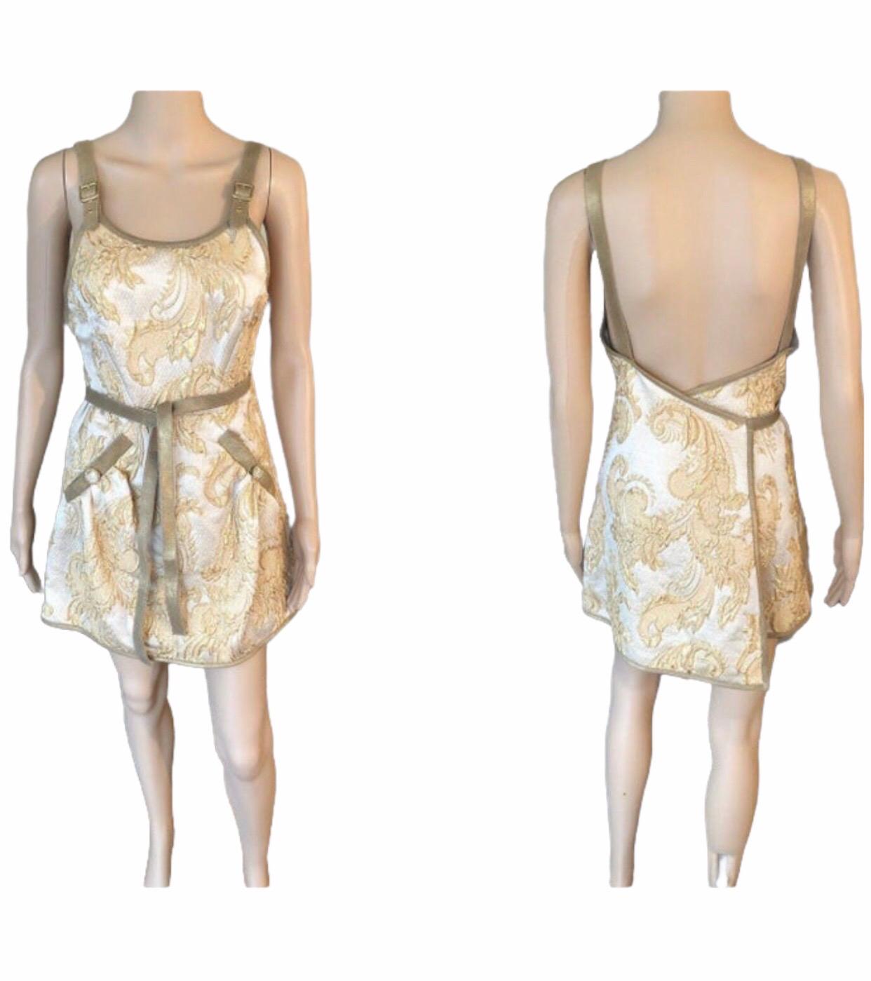 New Chanel Cruise 2013 Runway Gold Brocade Leather Trimmed Open Back Dress In New Condition For Sale In Naples, FL