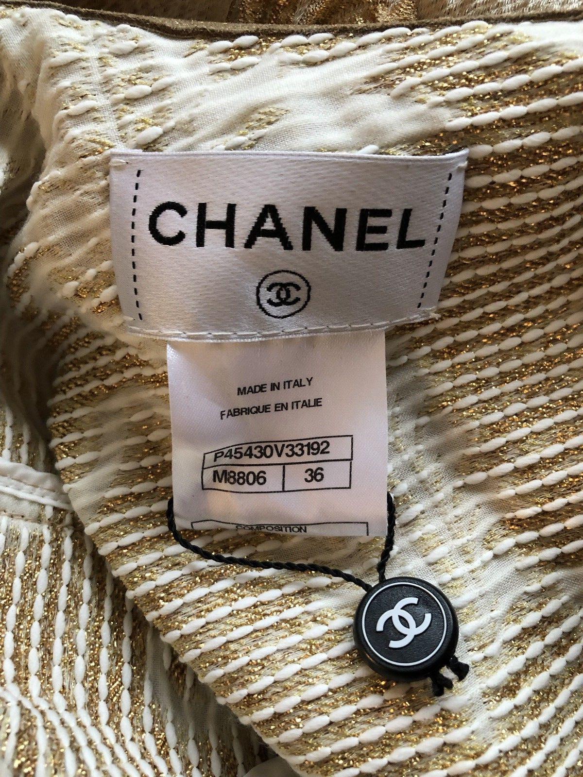 Women's New Chanel Cruise 2013 Runway Gold Brocade Leather Trimmed Open Back Dress