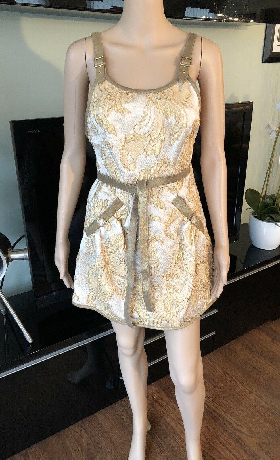 New Chanel Cruise 2013 Runway Gold Brocade Leather Trimmed Open Back Dress 3