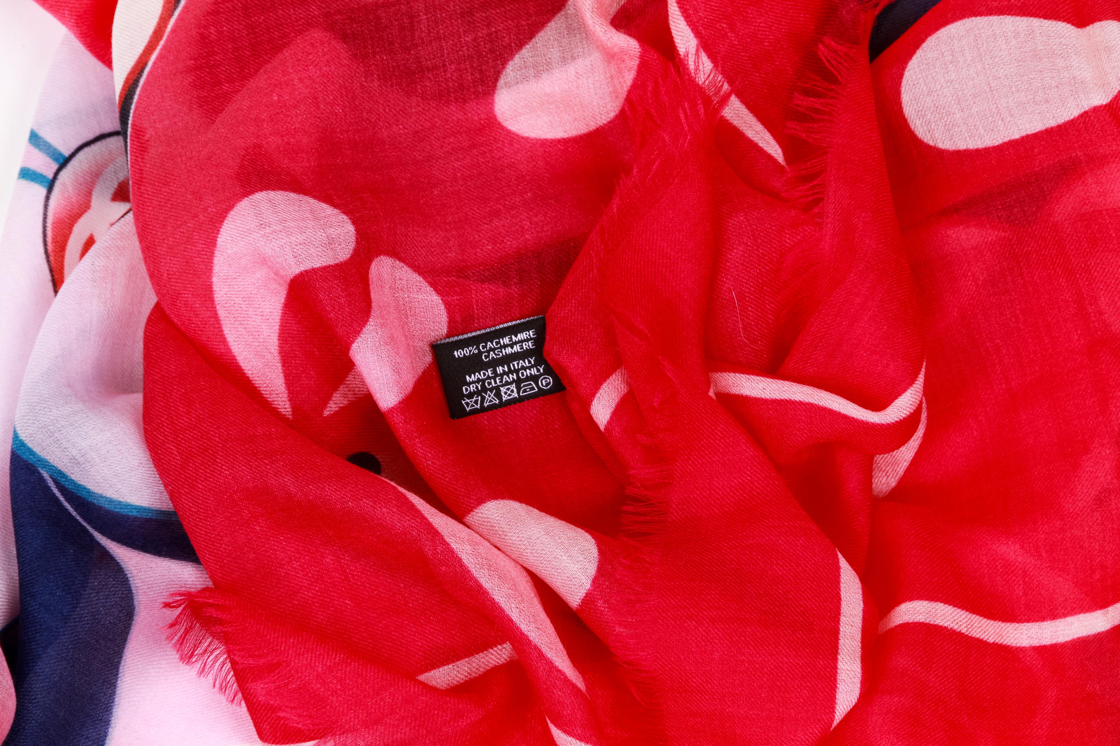  New Chanel Floral Graphic Red Cashmere Shawl Scarf 54