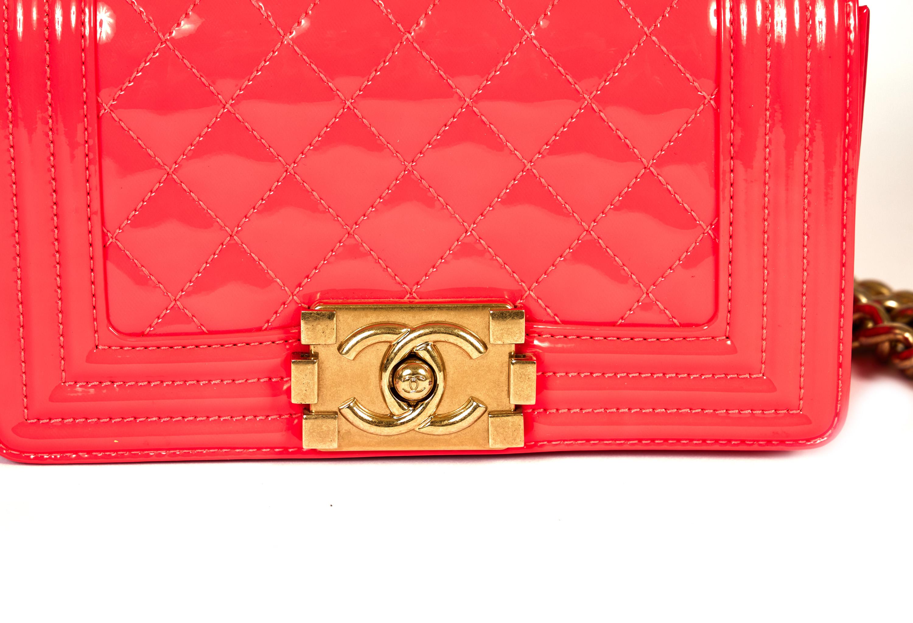 New Chanel Fluorescent Patent Pink Boy Bag For Sale 4