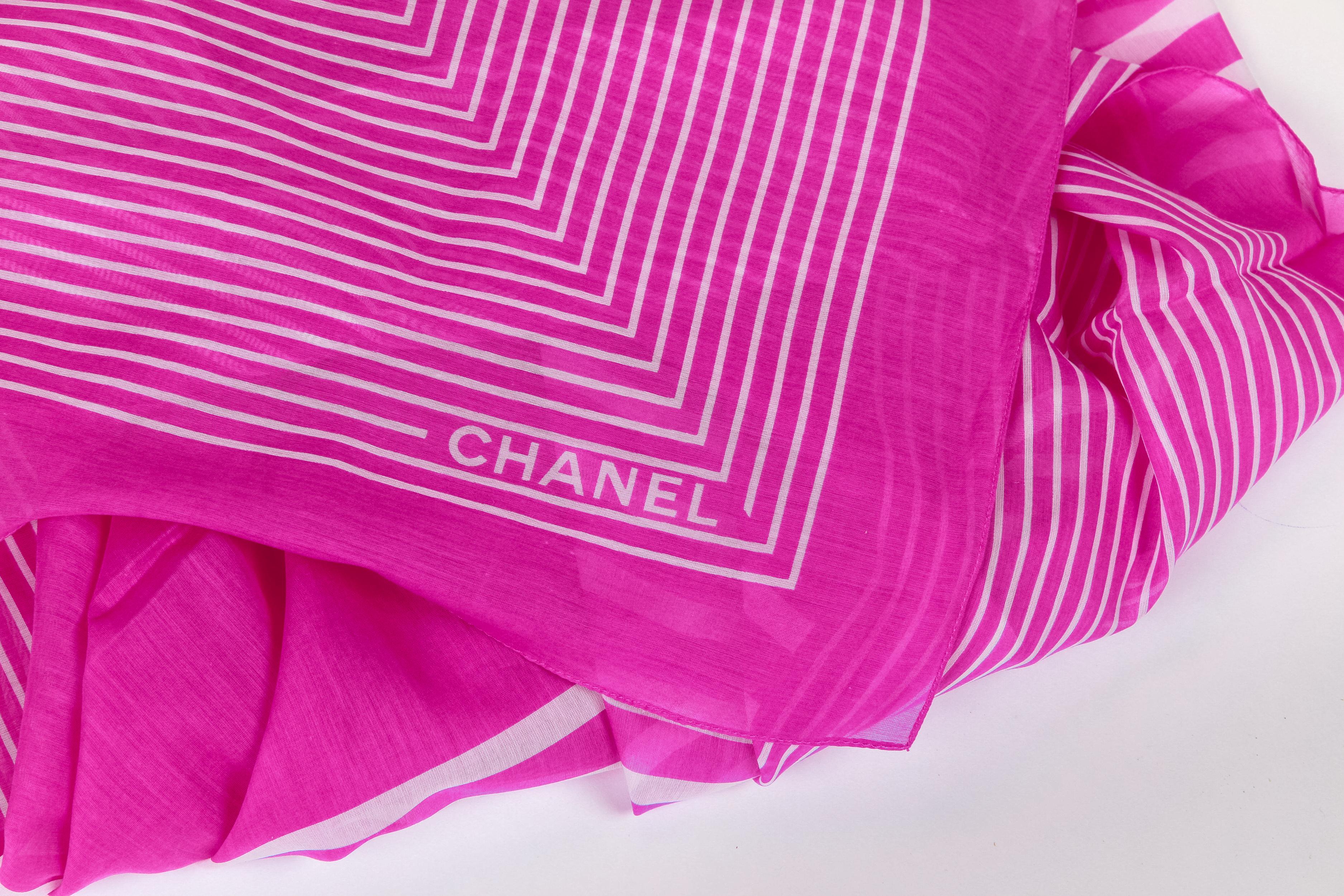 Pink New Chanel Fuchsia White Stripe Shawl Scarf For Sale