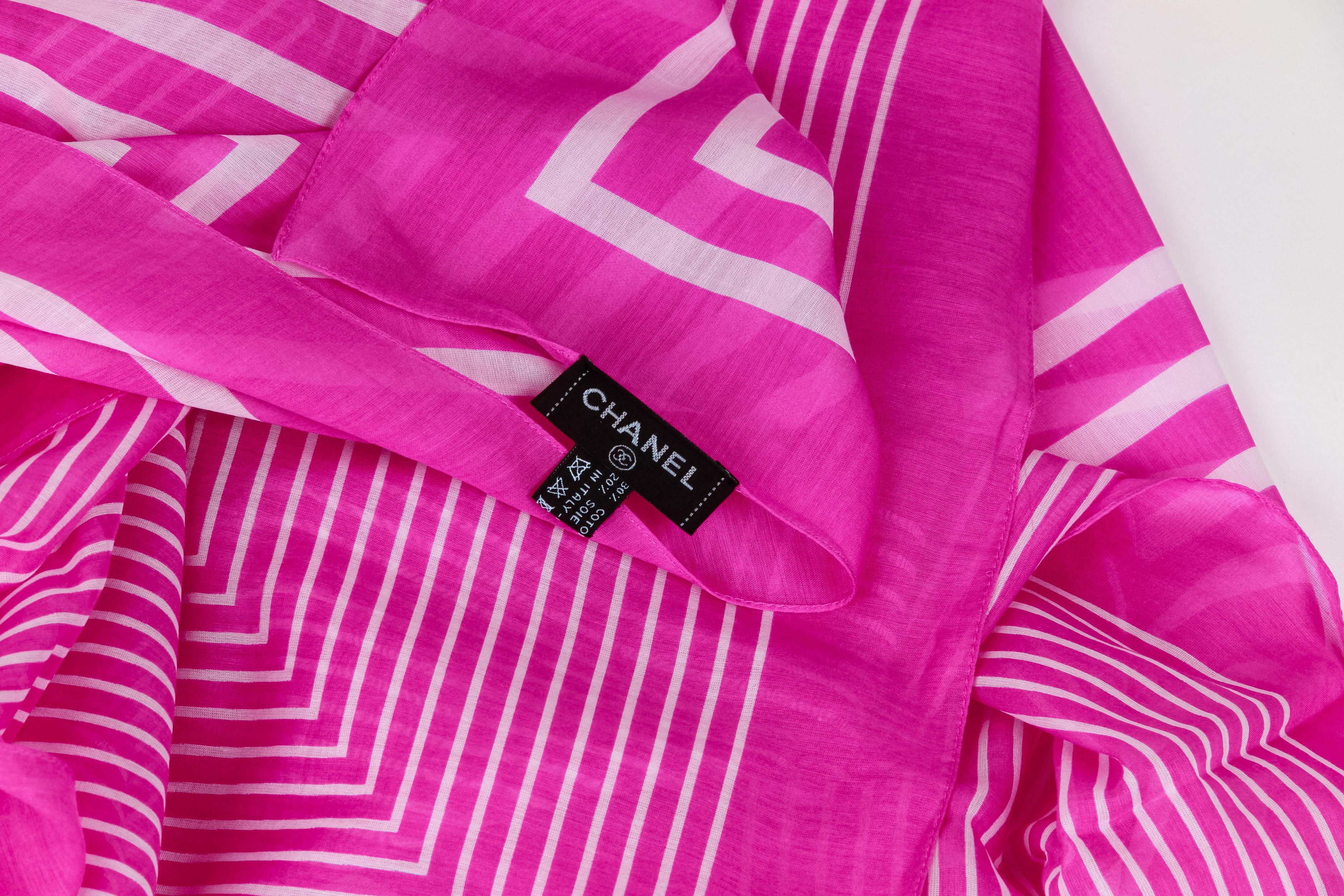 New Chanel Fuchsia White Stripe Shawl Scarf In New Condition For Sale In West Hollywood, CA