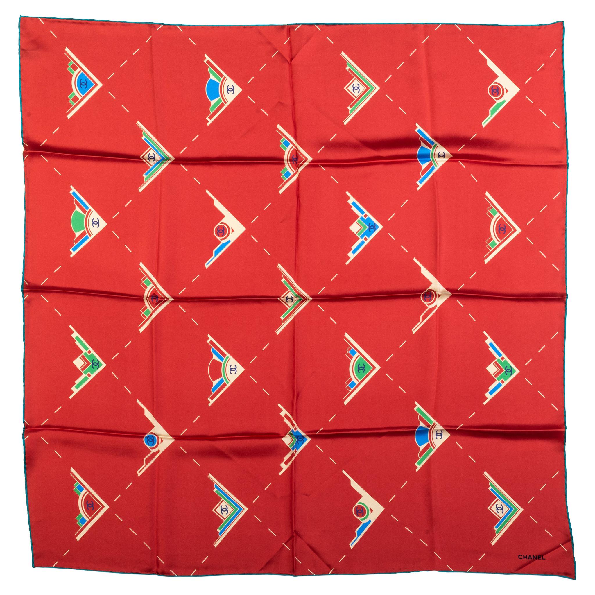 New Chanel Geometric Logo Red Silk Scarf