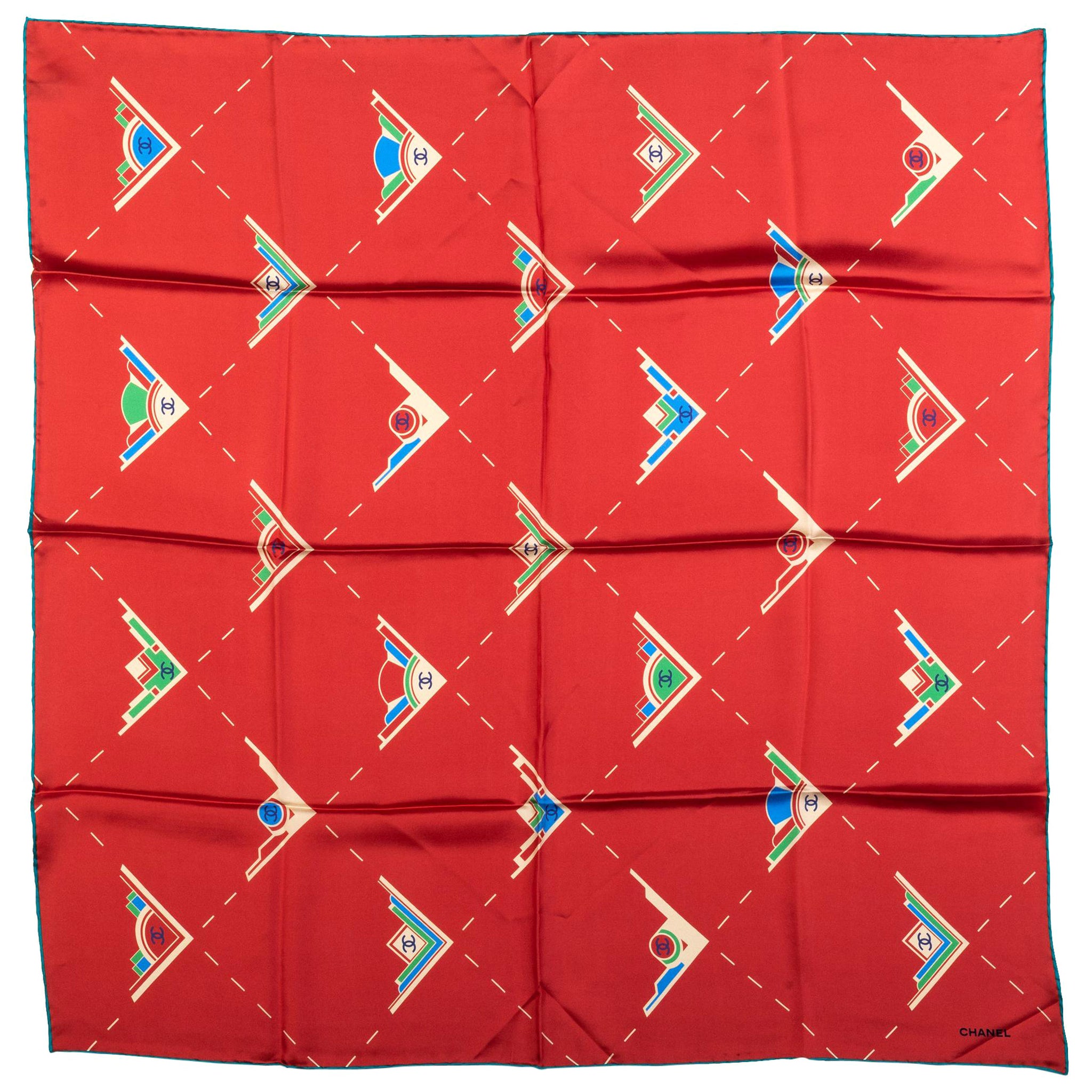 Nuevo Pañuelo Chanel Logo Geométrico Seda Rojo en venta