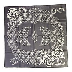New Chanel Gray & Black Camellia Silk Scarf