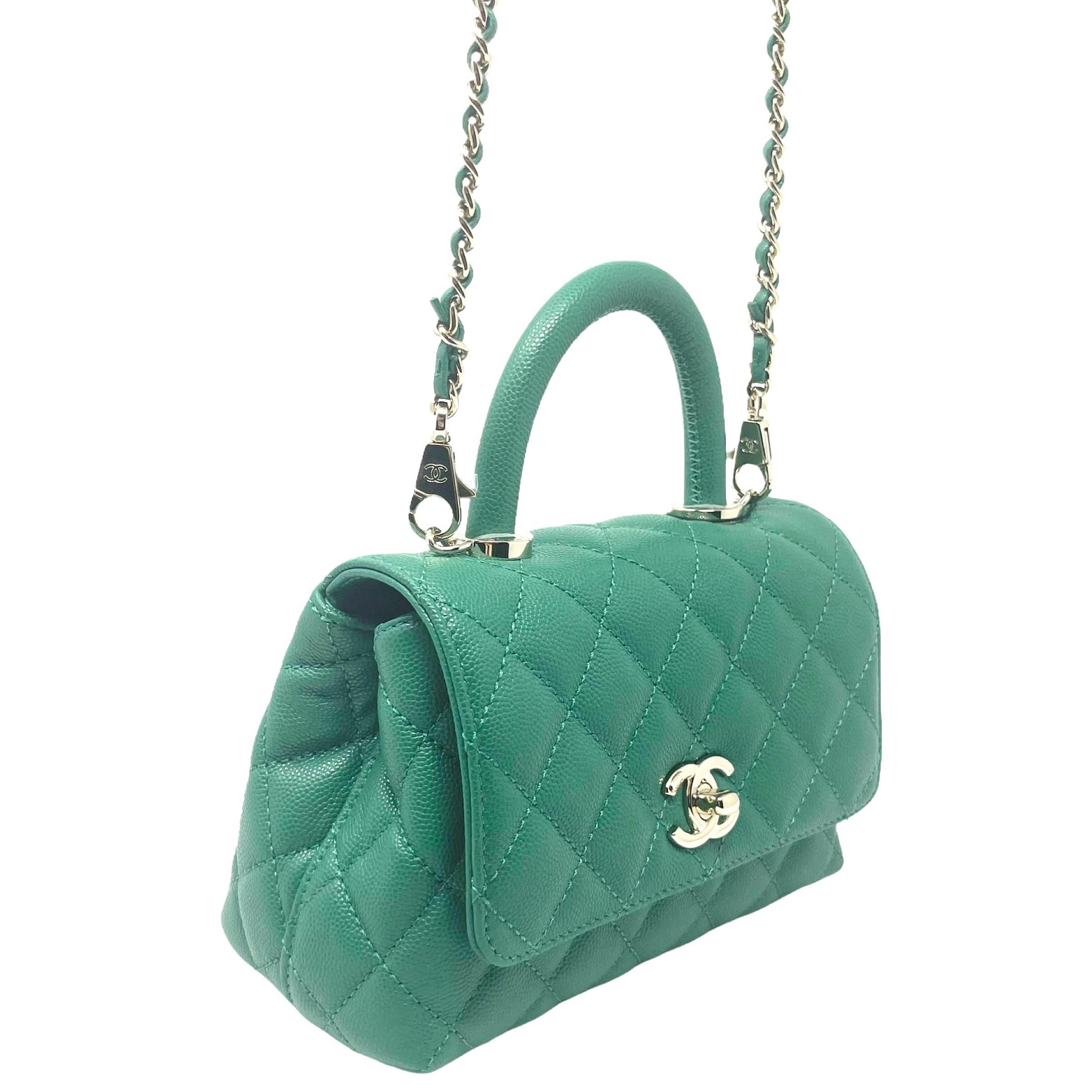 NEW Chanel Green Coco Handle Caviar Mini Flap Quilted Satchel Crossbody Bag For Sale 3