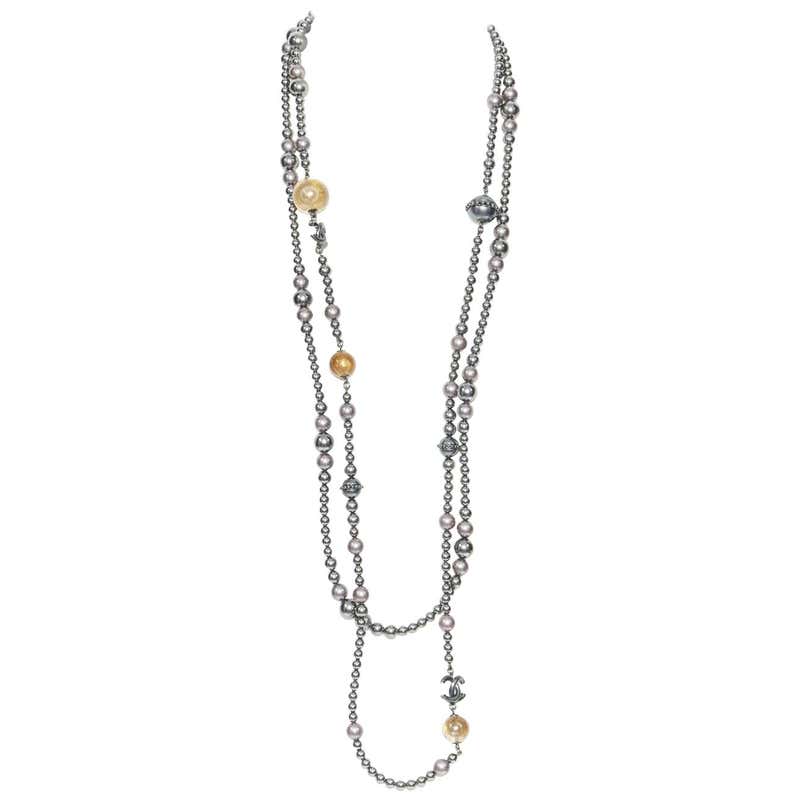 new CHANEL grey pearl dual strands pearl UFO planets CC long necklace ...