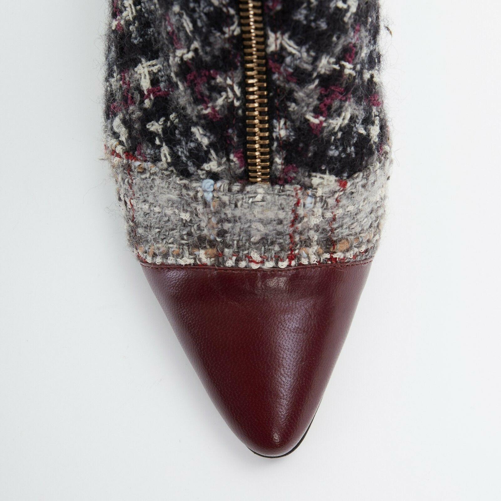Women's new CHANEL grey tweed red pointed toe cap zip buckle ankle bootie shoe EU35.5C