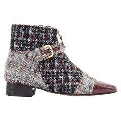 new CHANEL grey tweed red pointed toe cap zip buckle ankle bootie shoe EU35.5C