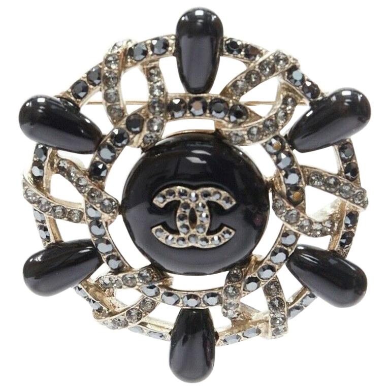 new CHANEL KARL LAGERFELD black stone strass crystal embellished CC pin  brooch at 1stDibs