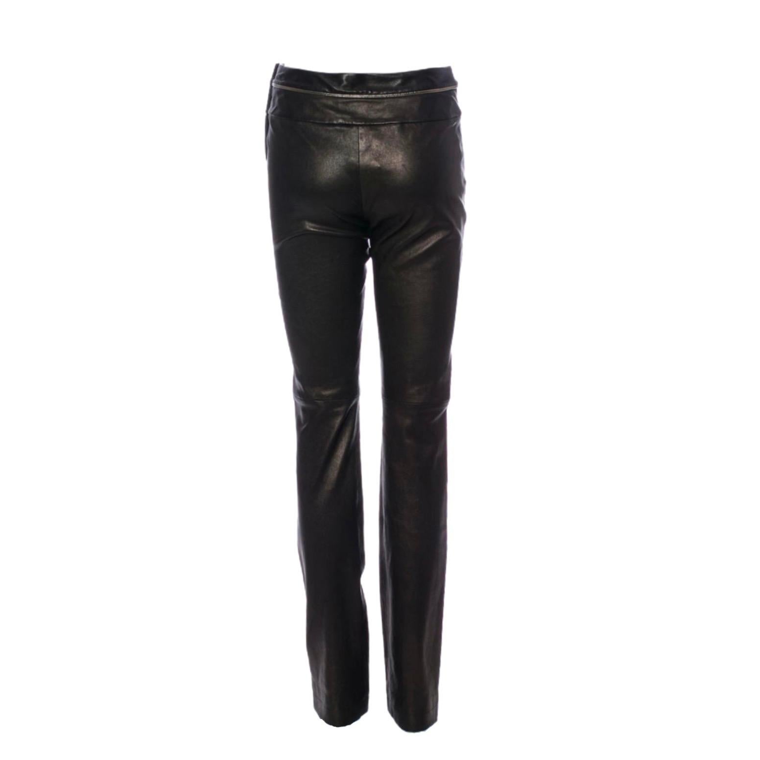 Stunning Chanel leather pants
Feels like a second skin due to the fantstic leather cotton stretch mix
Closes with hidden zip on side 
CC logo adornment
Lined with stretchy silk
A super-rare piece
Made in France
Special Dry Cleaning
Retail price