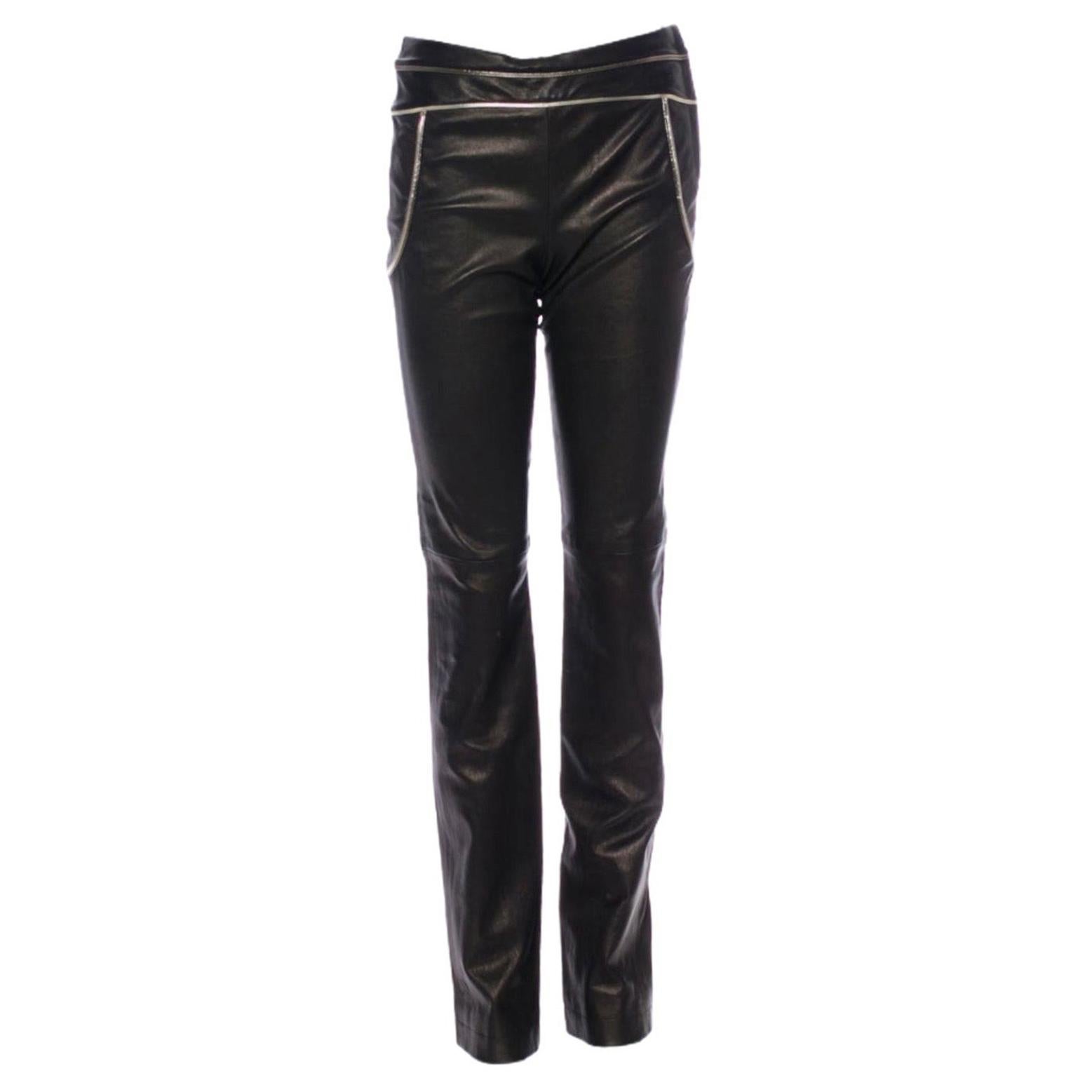 NEW Chanel Lambskin Stretch Skinny Leather Pants with Metallic Trim CC Logo 38 For Sale