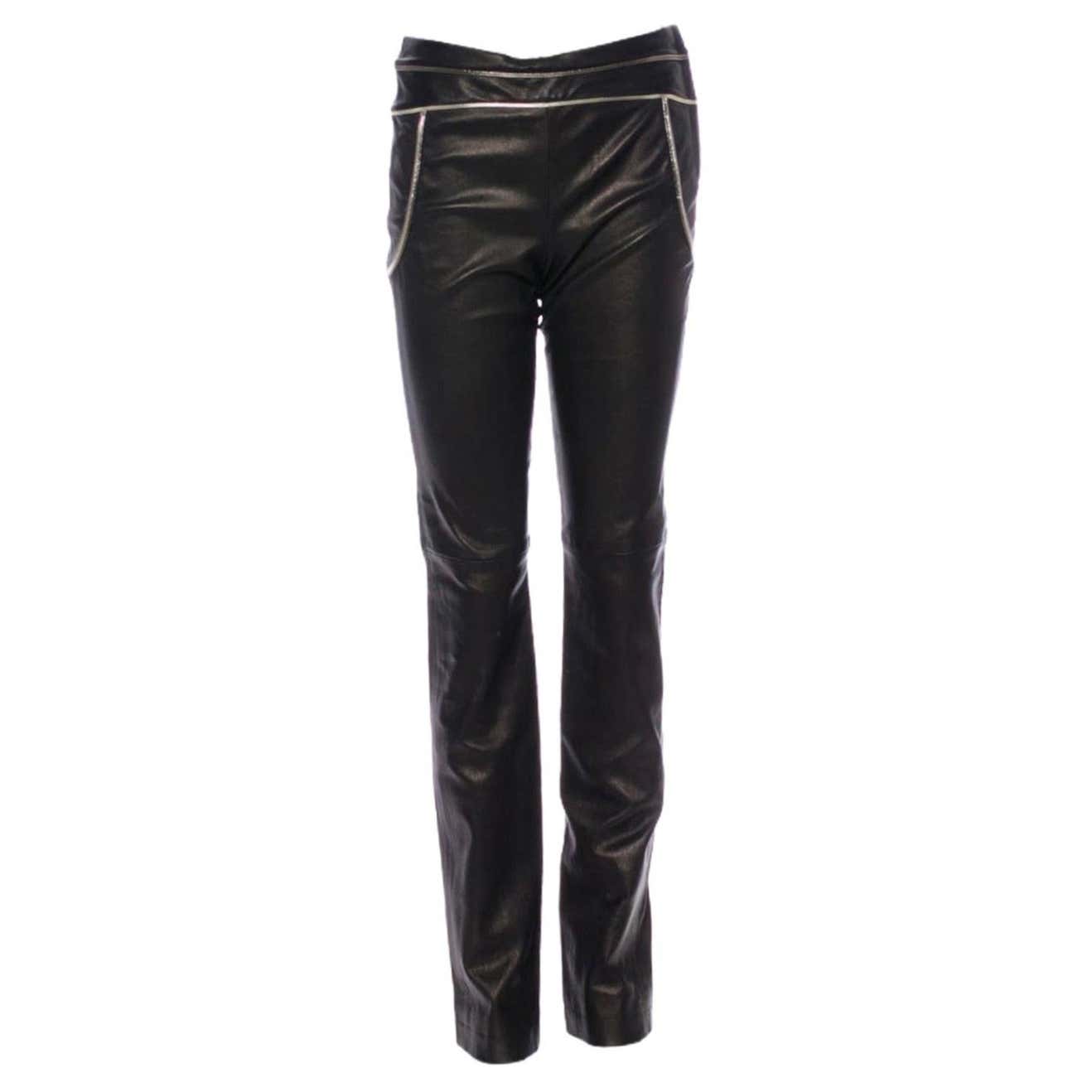 NEW Chanel Lambskin Stretch Skinny Leather Pants with Metallic Trim CC ...