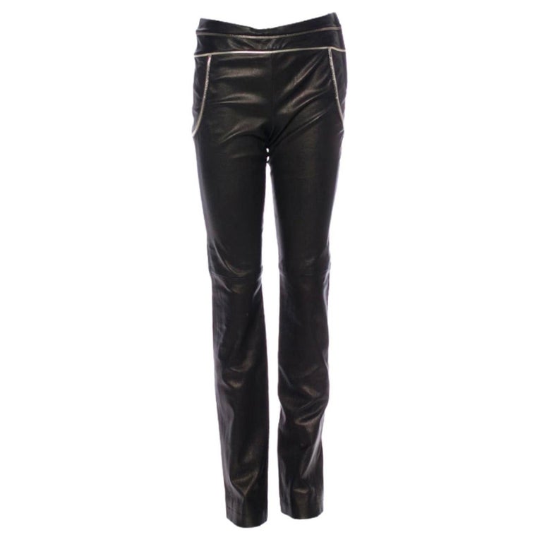 NEW Chanel Lambskin Stretch Skinny Leather Pants with Metallic Trim CC Logo  38 For Sale at 1stDibs