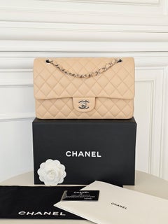 New Chanel Medium Classic Double Flap Beige Lambskin Silver HW Box Full Set