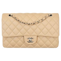 New Chanel Medium Classic Double Flap Beige Lambskin Silver HW Box Full Set