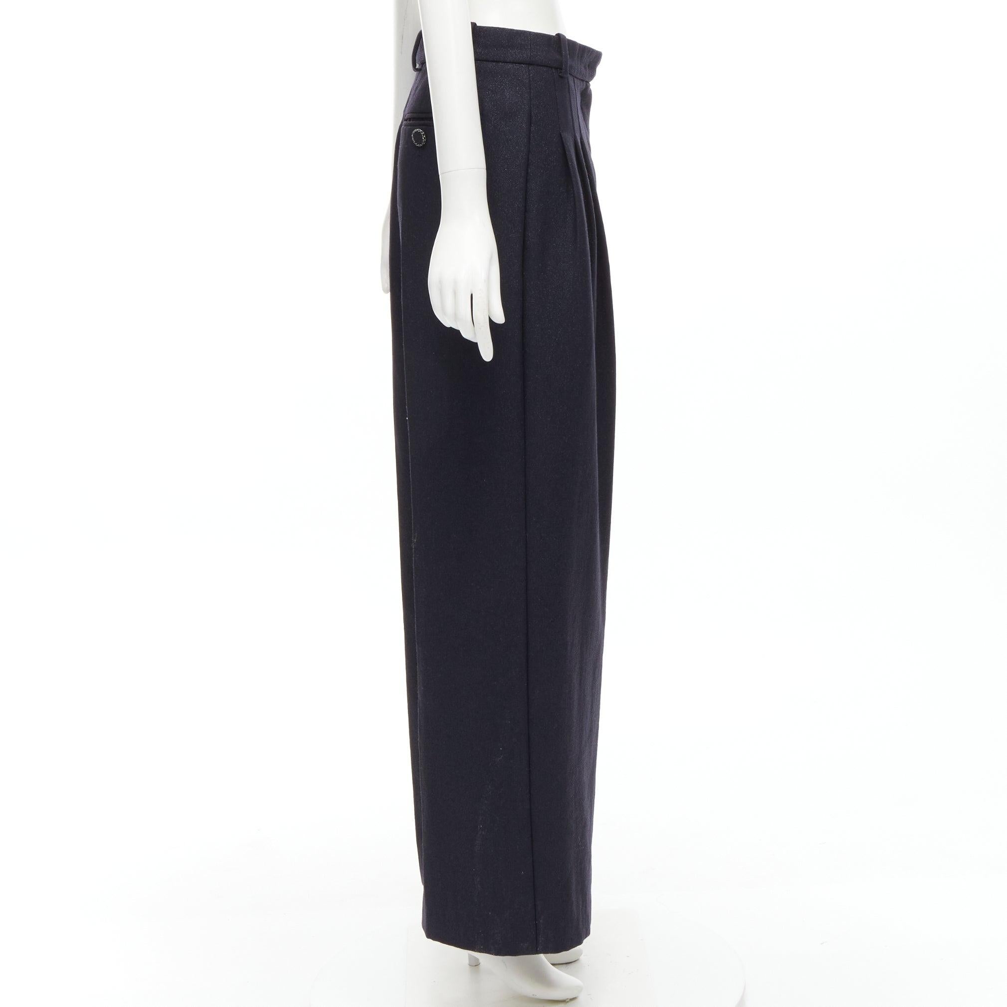 new CHANEL  metallic black pleated front chain trimmed wide leg pants FR40 M In New Condition For Sale In Hong Kong, NT
