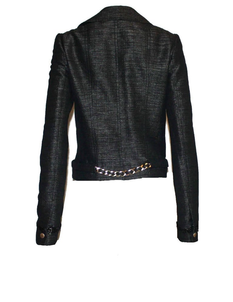 Black UNWORN Chanel Metallic Chain Detail Biker Jacket with Detachable Chain Belt 34   For Sale