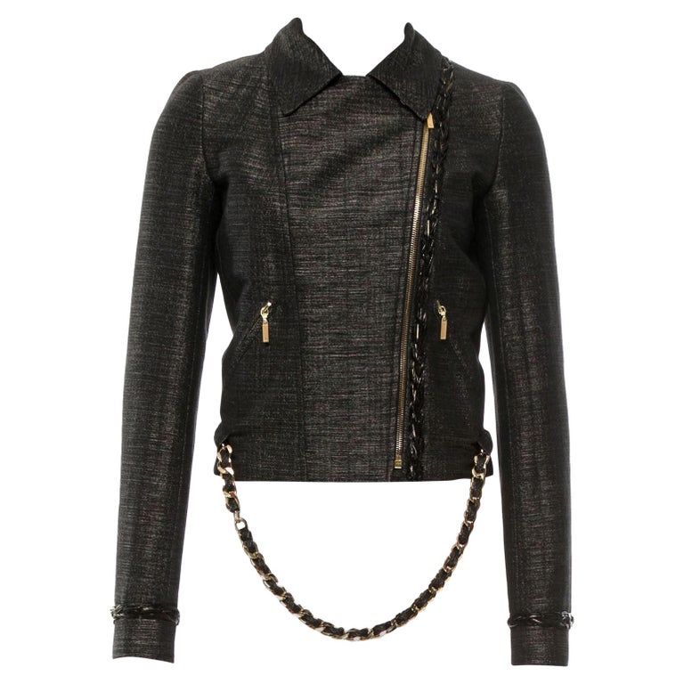 UNWORN Chanel Metallic Chain Detail Biker Jacket with Detachable Chain Belt 34   For Sale