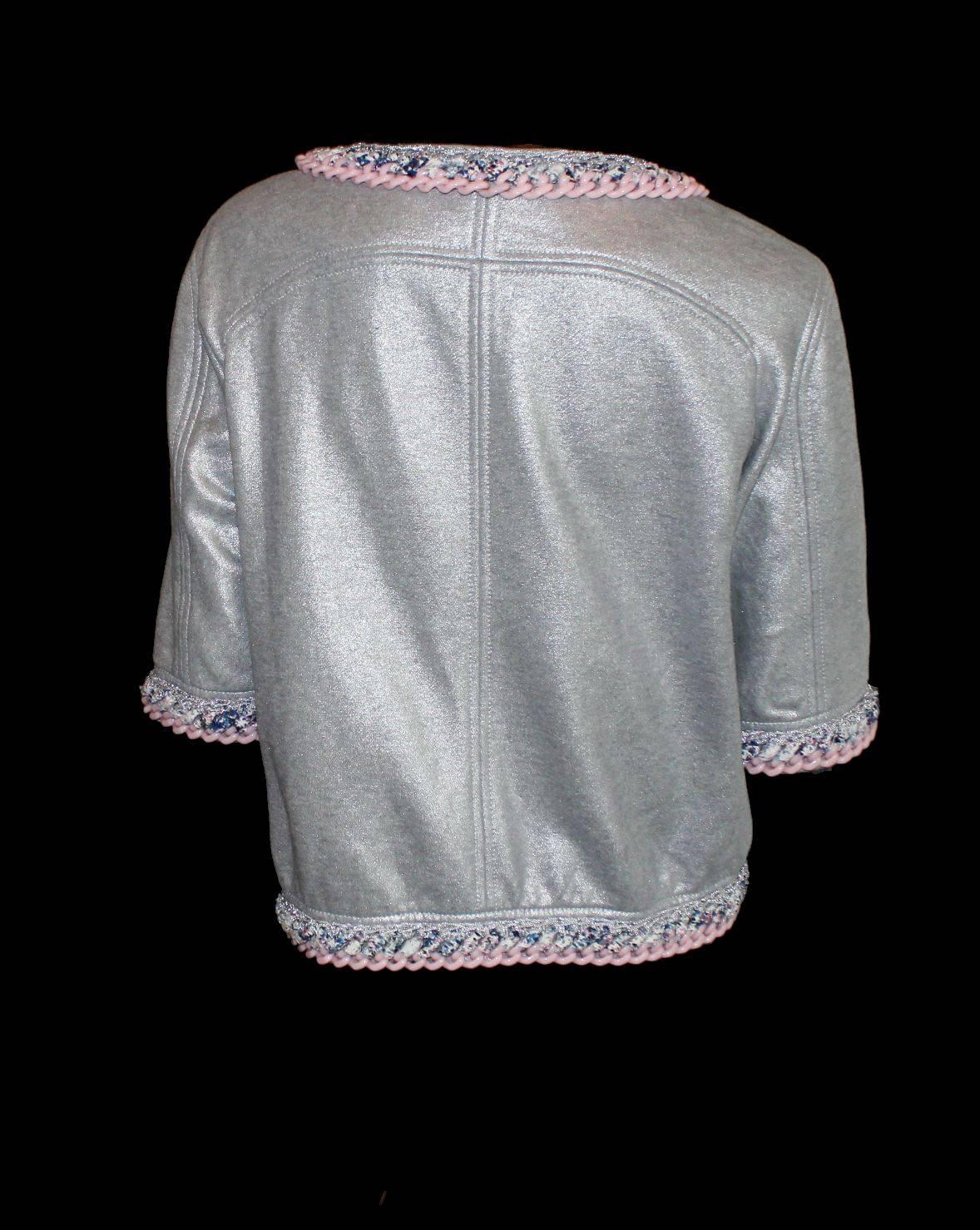 Gray NEW Chanel Metallic Jacket with Chain and Tweed Fringe Trimming 40 For Sale