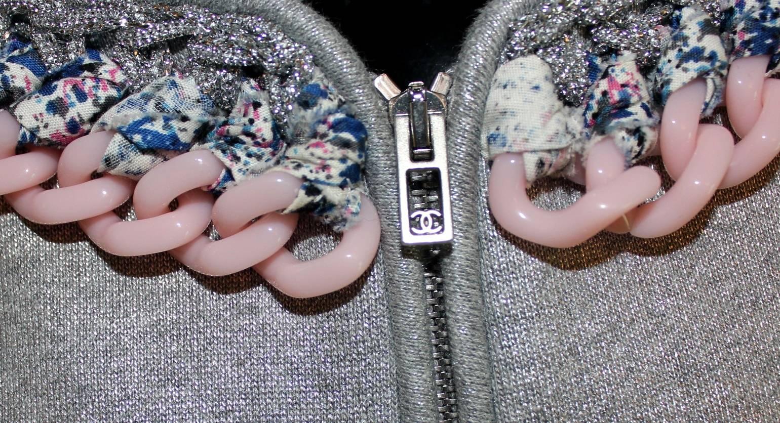 NEW Chanel Metallic Jacket with Chain and Tweed Fringe Trimming 40 For Sale 1