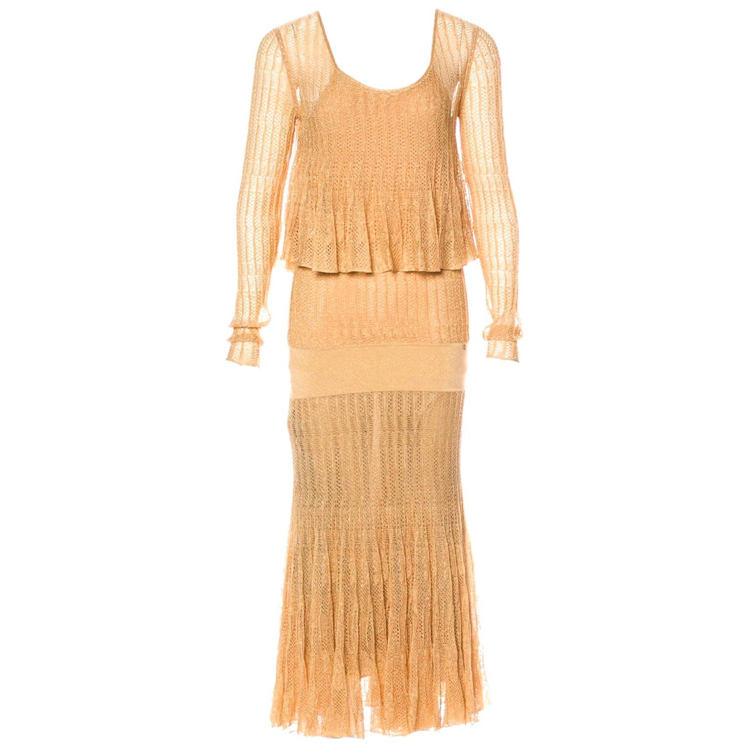 UNWORN Chanel Métiers d’Art Gold Metallic Crochet Knit Maxi Dress Gown 40