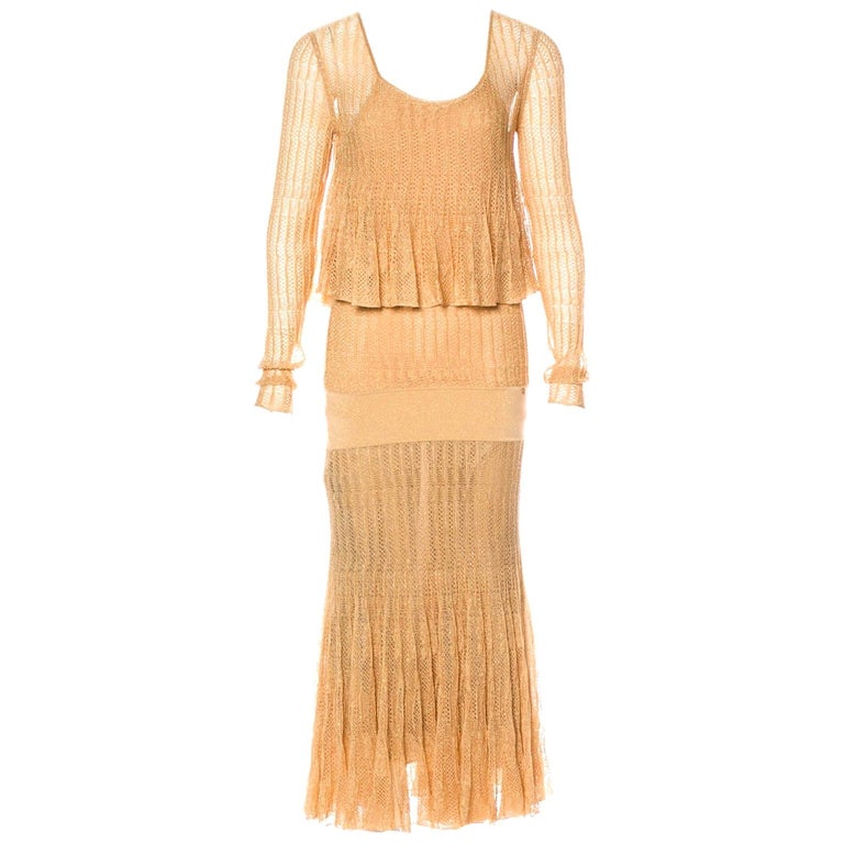 Unworn Chanel Mtiers Dart Gold Metallic Crochet Knit Maxi Dress Gown 40