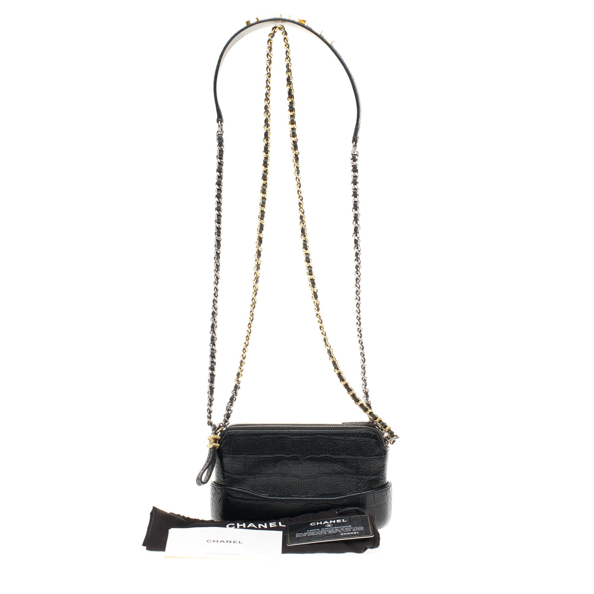 New-Chanel Mini Gabrielle shoulder bag in black calf embossed in crocodile style 4