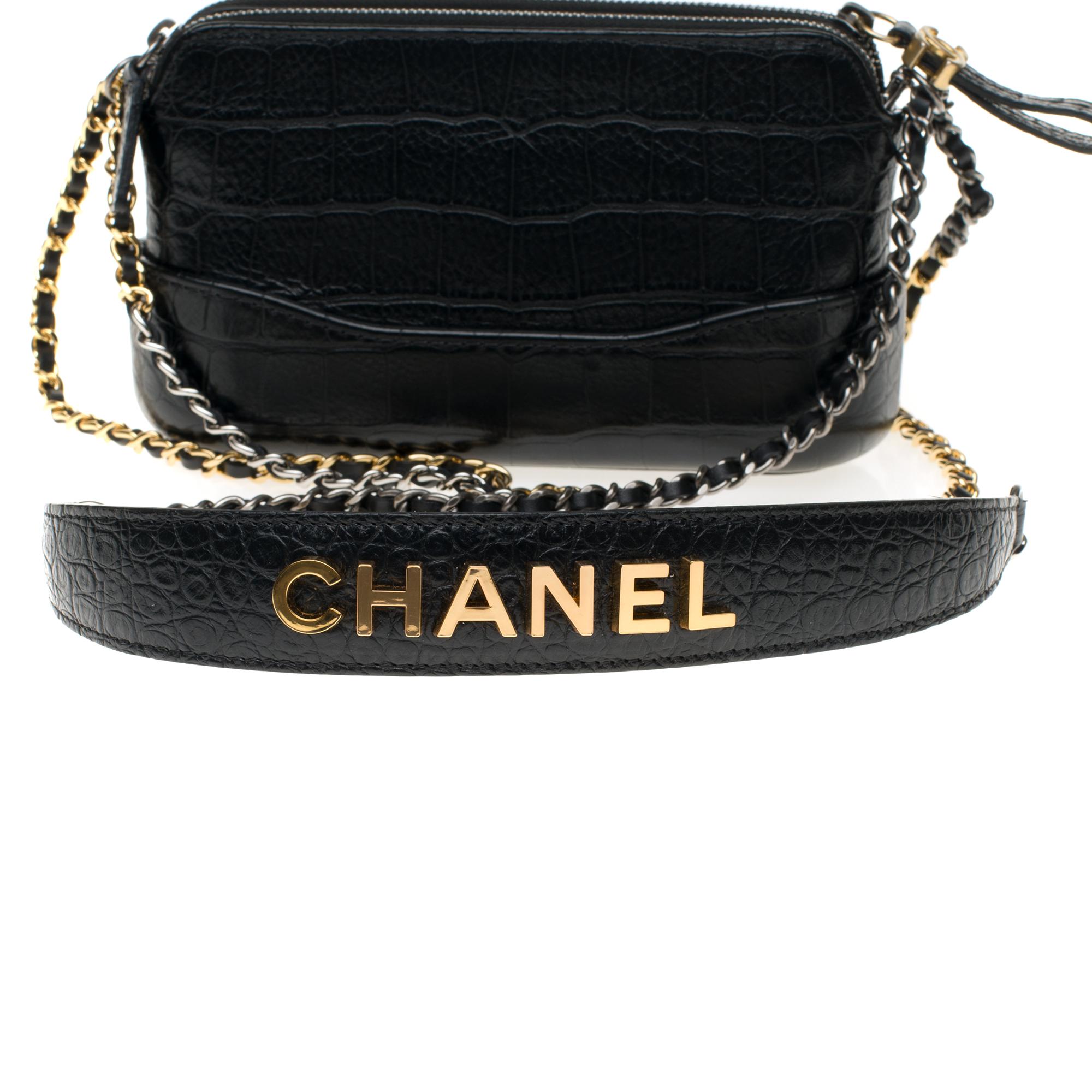 New-Chanel Mini Gabrielle shoulder bag in black calf embossed in crocodile style 1
