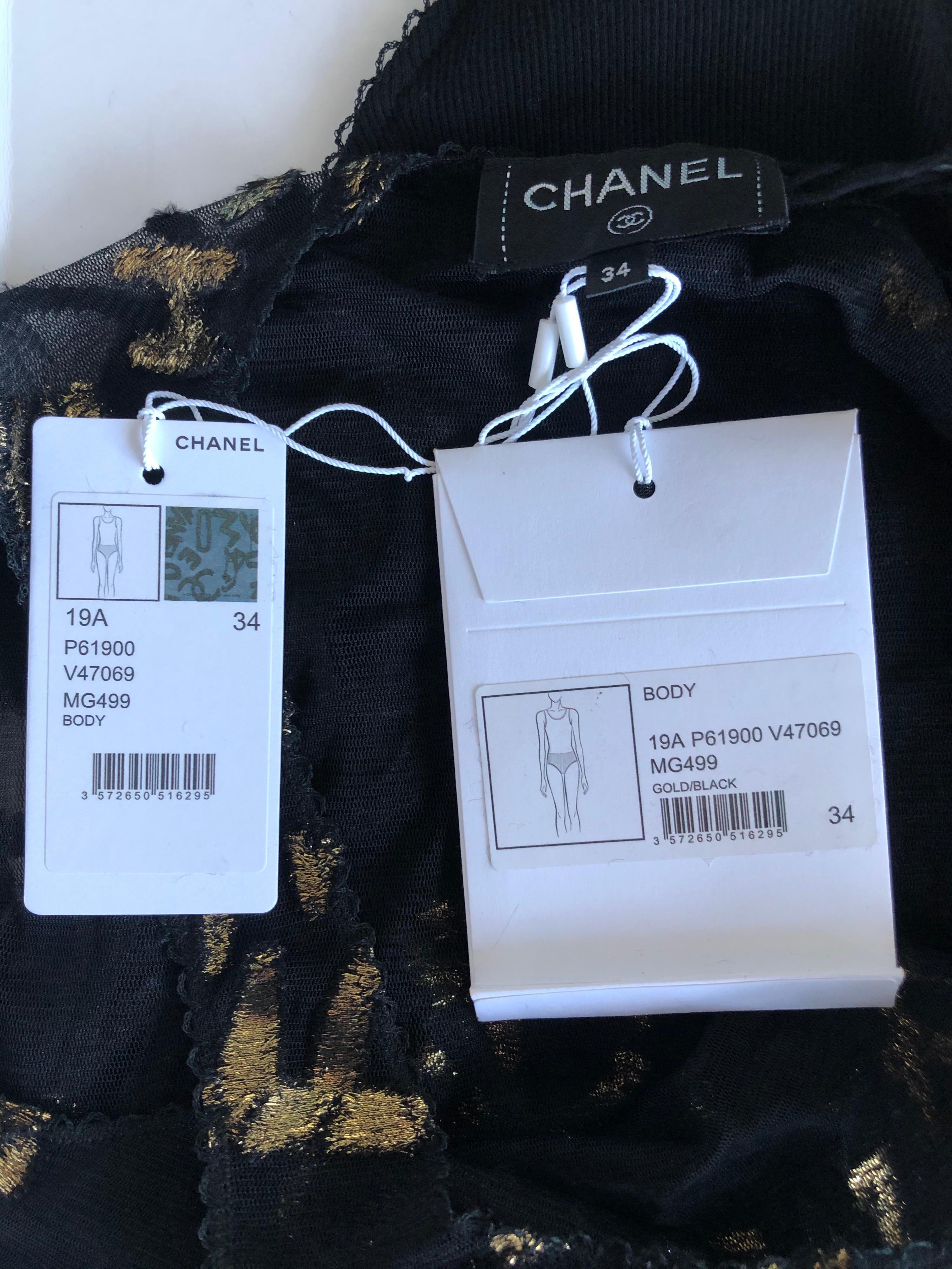 New Chanel Monogram CC Logo Sheer Mesh Bodysuit Top 2