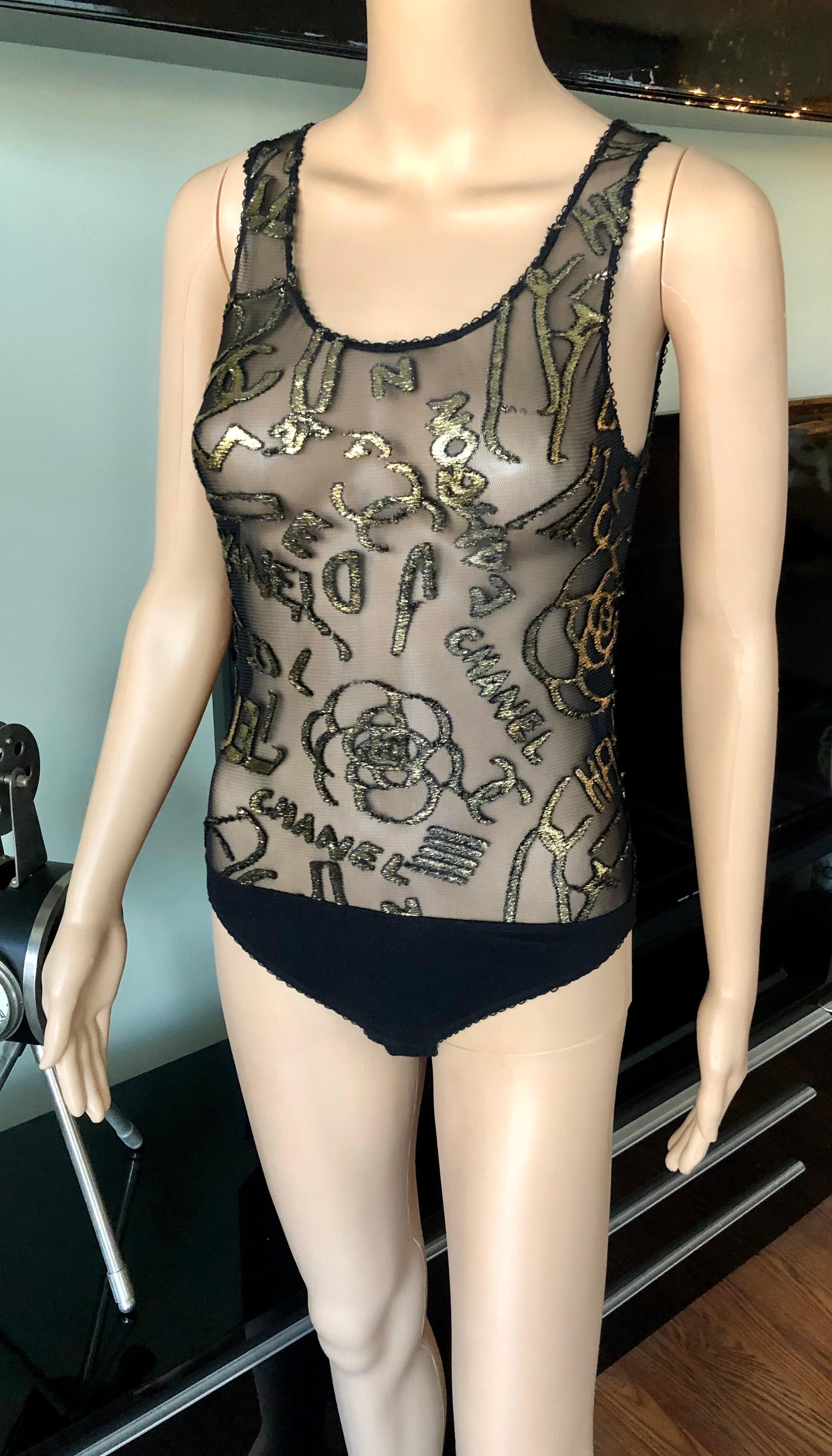 New Chanel 2019 Pre-Fall Metiers d'Art Collection Sheer CC Logo Monogram Mesh Bodysuit Top FR 34