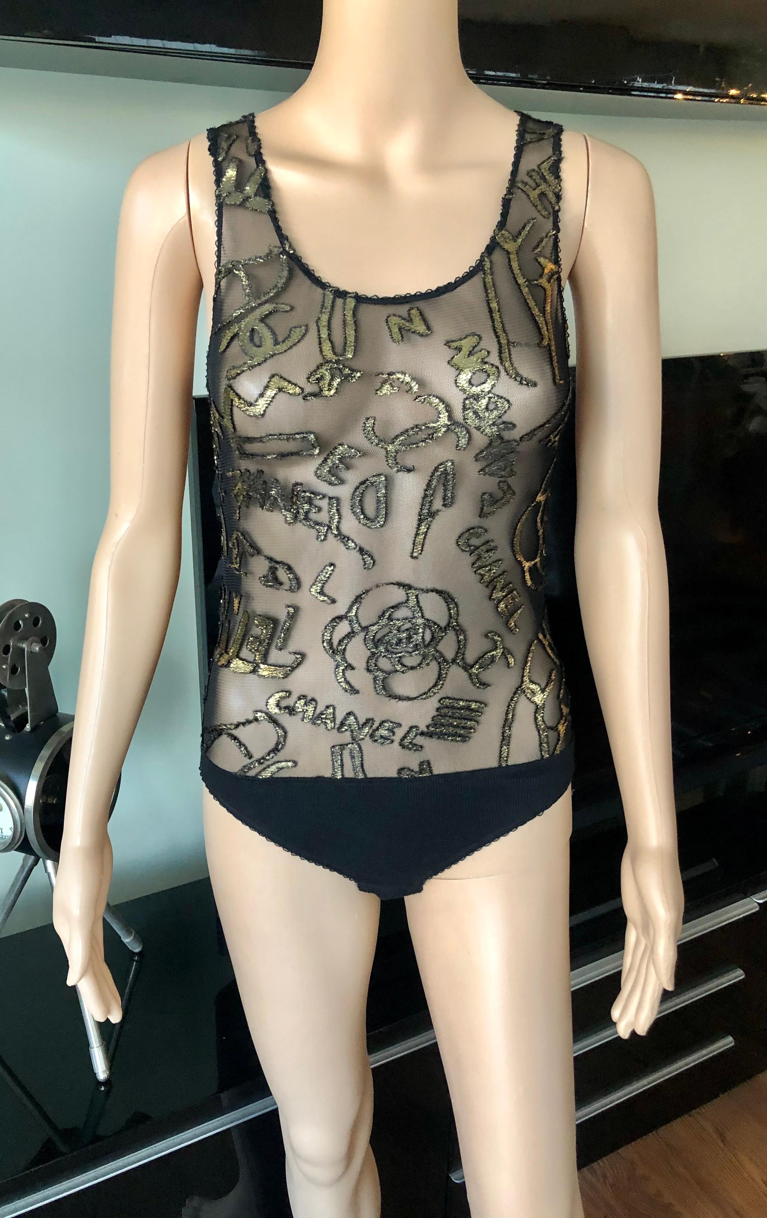Neu Chanel Monogramm CC Logo schiere Mesh Bodysuit Top (Grau)